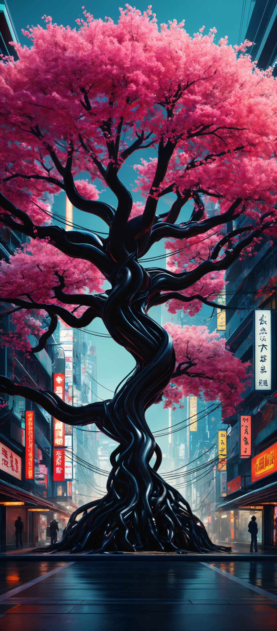 The image showcases a large, intricately twisted tree with a canopy of vibrant pink blossoms. The tree's roots are dark and appear to be intertwined, forming a unique pattern on the ground. Surrounding the tree are modern buildings with neon signs displaying various Asian characters. The atmosphere is serene, with a hint of mist or fog, giving the scene a dreamy quality.