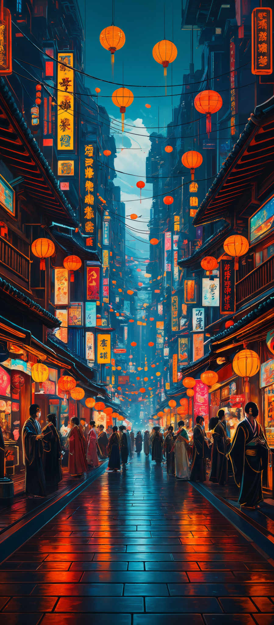 The image showcases a vibrant and bustling street scene, presumably in an Asian city. The dominant colors are deep blues, warm oranges, and reds. The street is adorned with numerous hanging lanterns, which are round with a red base and a yellowish-orange top. These lanternes are suspended from wires and create a canopy over the street. The buildings are multi-storied, with traditional Asian architectural features, such as wooden eaves and intricate designs. The streets are lined with various shops, each with its own signage, displaying a mix of Asian characters and symbols. People can be seen walking on the street, and there's a sense of movement and activity throughout the scene.