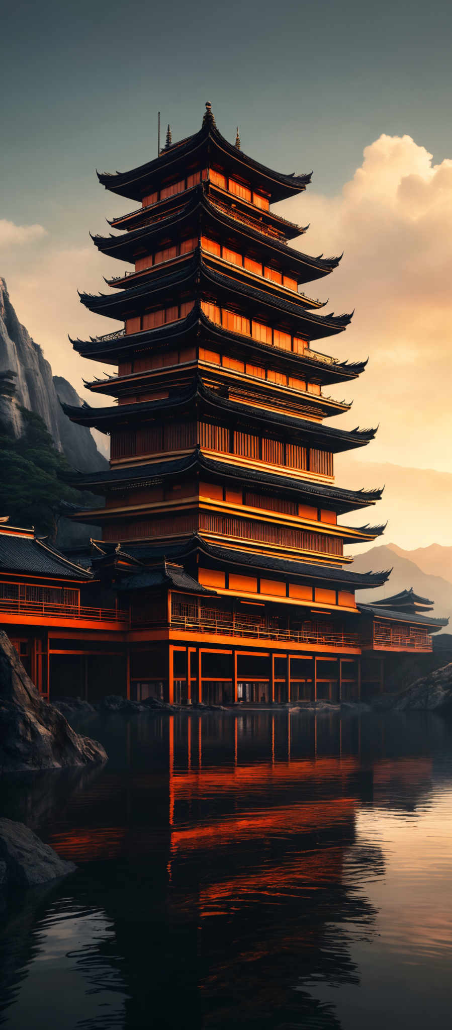 The image showcases a multi-tiered pagoda-style building, predominantly in hues of orange and brown. The structure is intricately designed with multiple eaves, each curving gracefully. It stands beside a serene body of water, reflecting its majestic presence. The backdrop features rugged mountains and a sky painted with hues from a setting or rising sun, casting a warm glow over the entire scene.