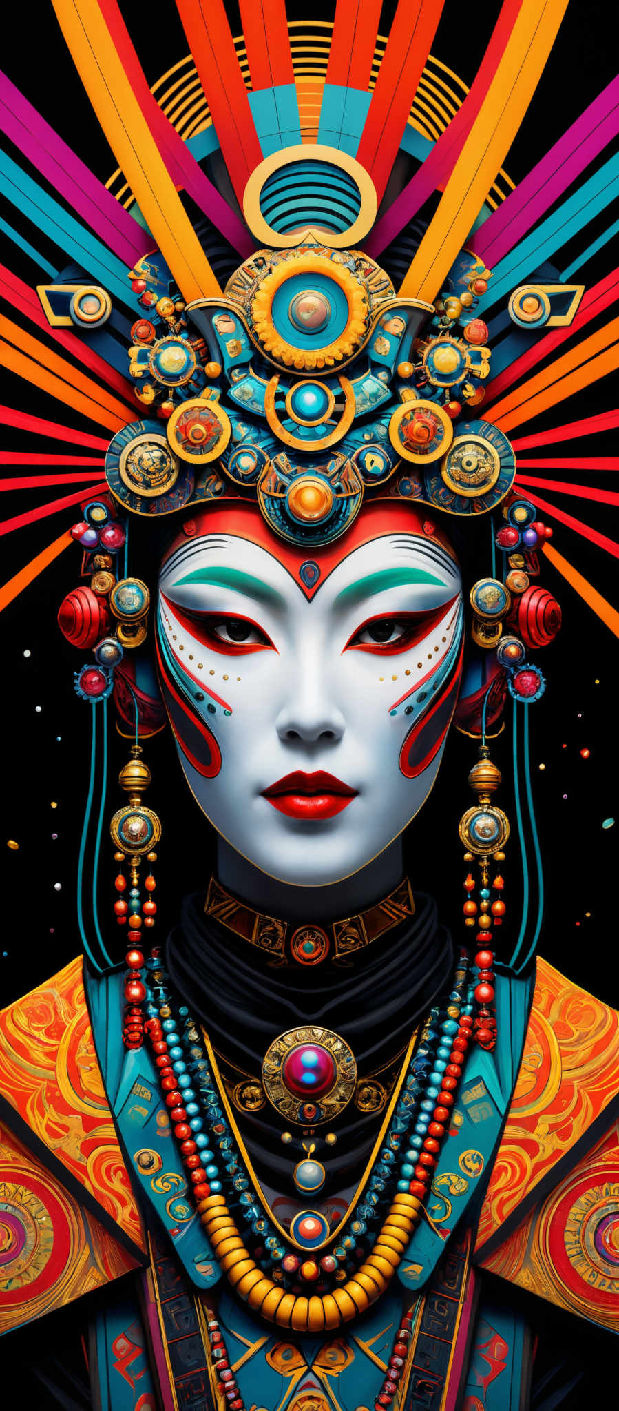 The image showcases a detailed and vibrant portrait of a female figure adorned with intricate jewelry and makeup. The dominant colors are shades of blue, red, gold, and white. The figure's face is painted with bold red and blue accents, and her eyes are accentuated with white and red makeup, giving her an ethereal appearance. She wears a headdress that is ornate and multi-layered, featuring various symbols, gems, and metallic elements. The headdress radiates outwards with vibrantly colored rays, and the figure is draped in clothing with intricately designed patterns and beadwork.