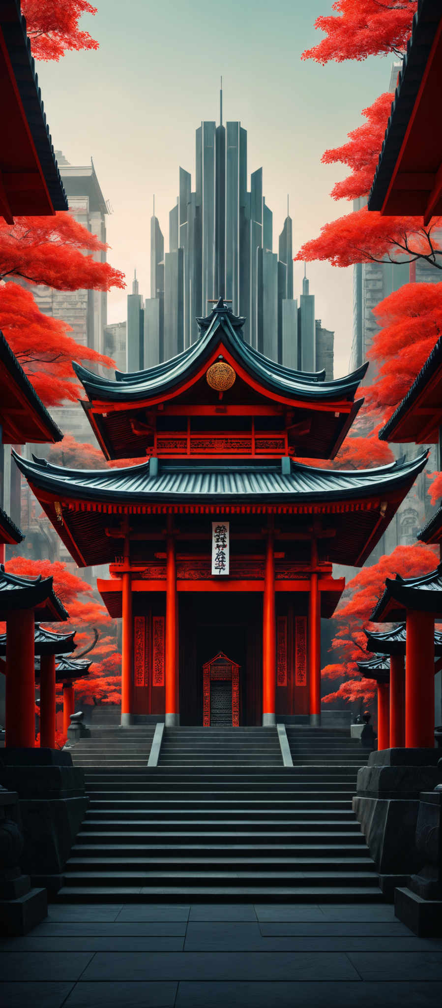 The image showcases a vibrant contrast between traditional and modern elements. The foreground features a traditional Japanese temple with bright red walls, intricate wooden carvings, and a multi-tiered roof adorned with a golden emblem. The temple is surrounded by bright red autumn trees, which add to the vividness of the scene. In the background, there's a modern cityscape with tall skyscrapers, some of which have unique geometric designs. The sky is overcast, giving a serene ambiance to the setting.