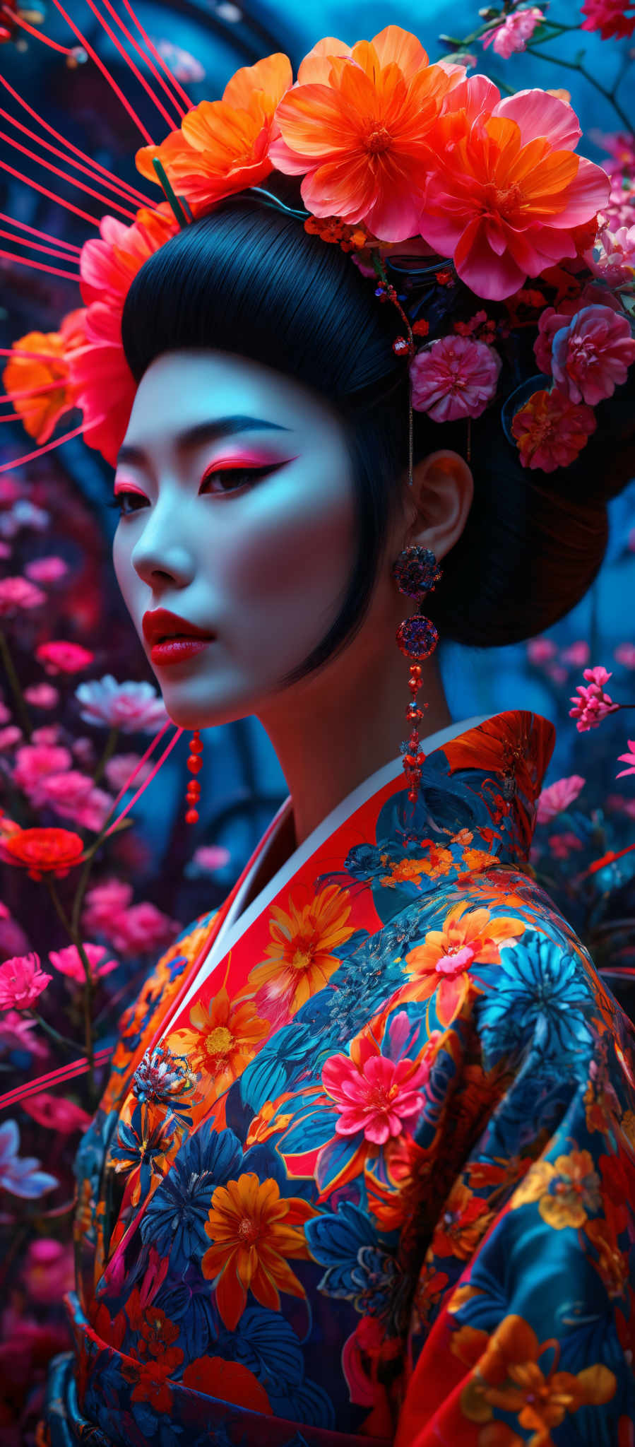 The image showcases a woman adorned in a vibrant kimono with floral patterns. The kimoto is predominantly orange and blue, featuring intricate designs of various flowers. The woman's makeup is striking, with bold red eyeshadow and red lipstick. Her hair is neatly styled in a traditional updo, and she wears a headpiece made of large, vivid orange flowers.