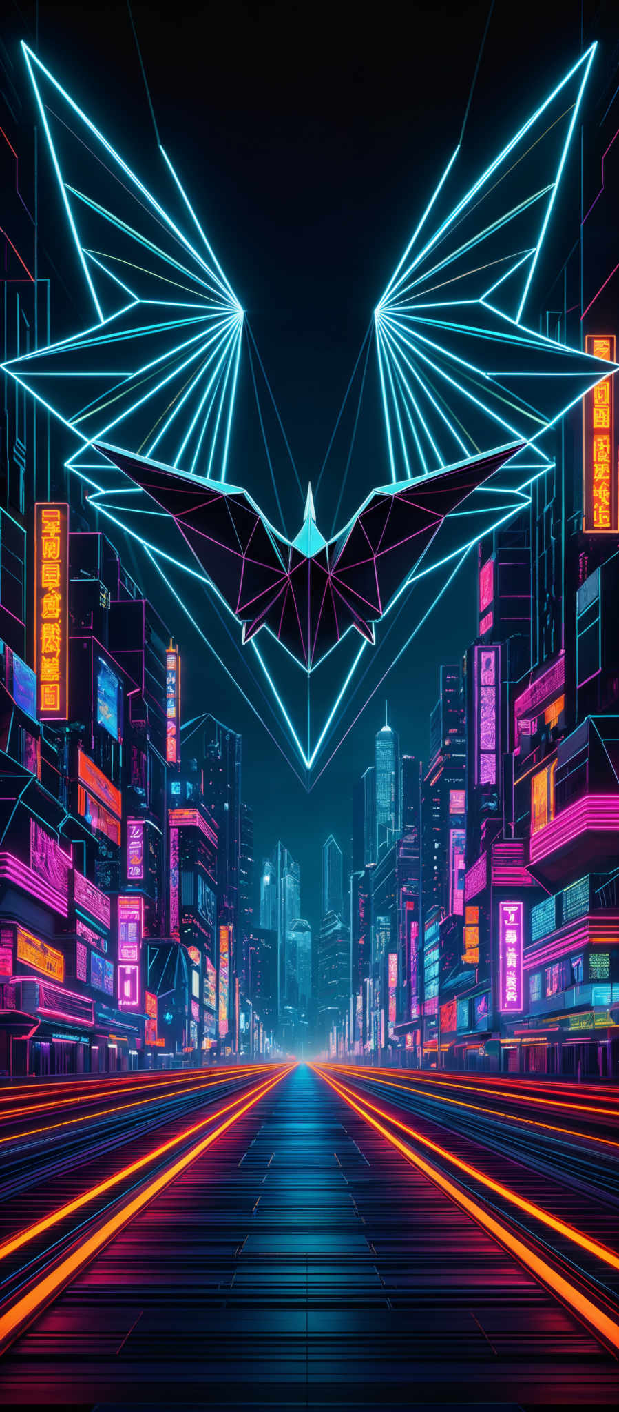 The image showcases a vibrant and futuristic cityscape at night. Dominating the center is a large, geometric, neon-lit structure resembling a bird or an emblem. This structure is primarily composed of sharp, angular lines and is illuminated in a bright blue hue. Surrounding this central figure are tall buildings, each adorned with various neon signs in different languages, predominantly in an Asian script. The city is bathed in a mix of deep blues, purples, and pinks, creating a cyberpunk ambiance. The streets are lined with bright neon lines, and the overall atmosphere is one of technological advancement and urban nightlife.