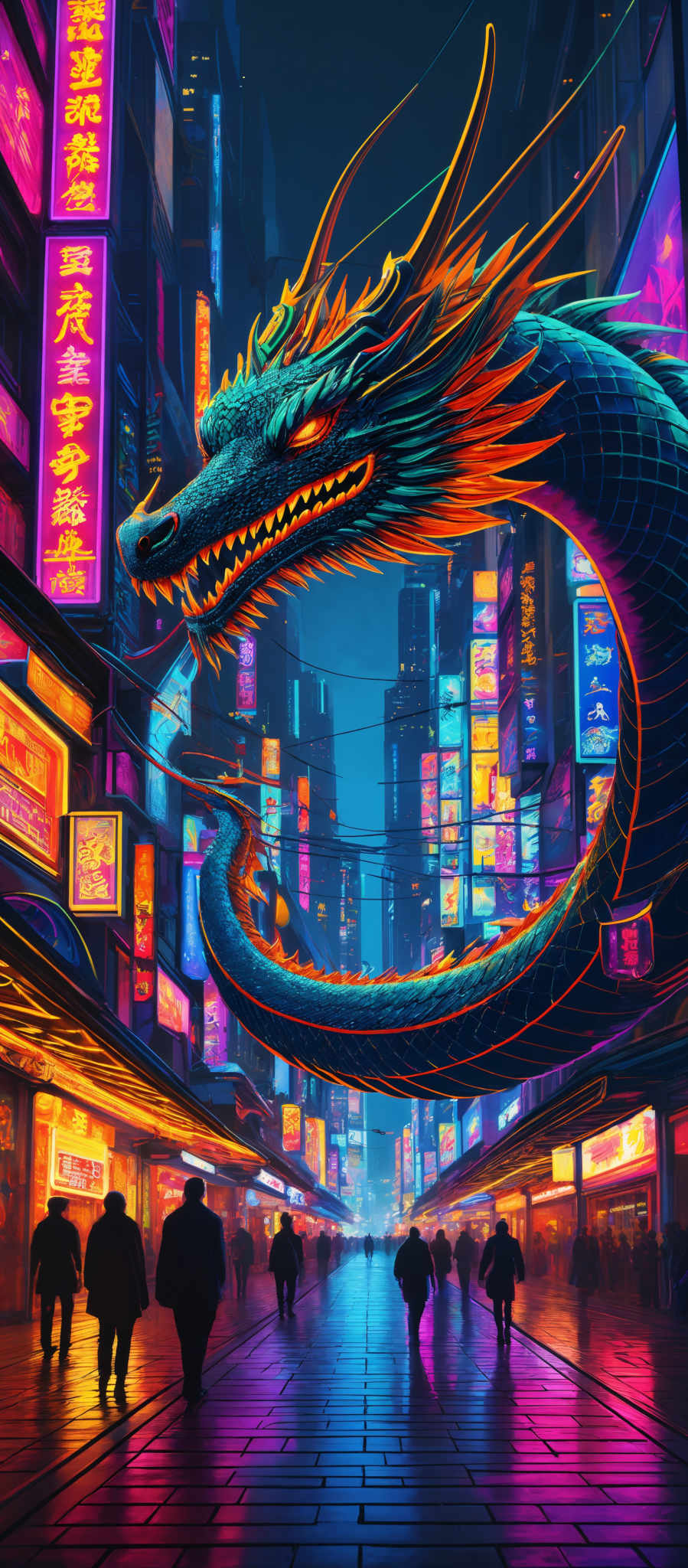 The image showcases a vibrant cityscape at night, dominated by neon lights in various colors like pink, blue, and yellow. The central focus is a large, intricately detailed dragon with a vivid blue body, fiery orange and red mane, and sharp, glowing eyes. The dragon appears to be soaring or flying through the city, with its body curving around tall buildings. The city itself is bustling with activity, with people walking on the streets, and various signs and billboards illuminating the scene. The architecture suggests a mix of modern skyscrapers and traditional buildings.