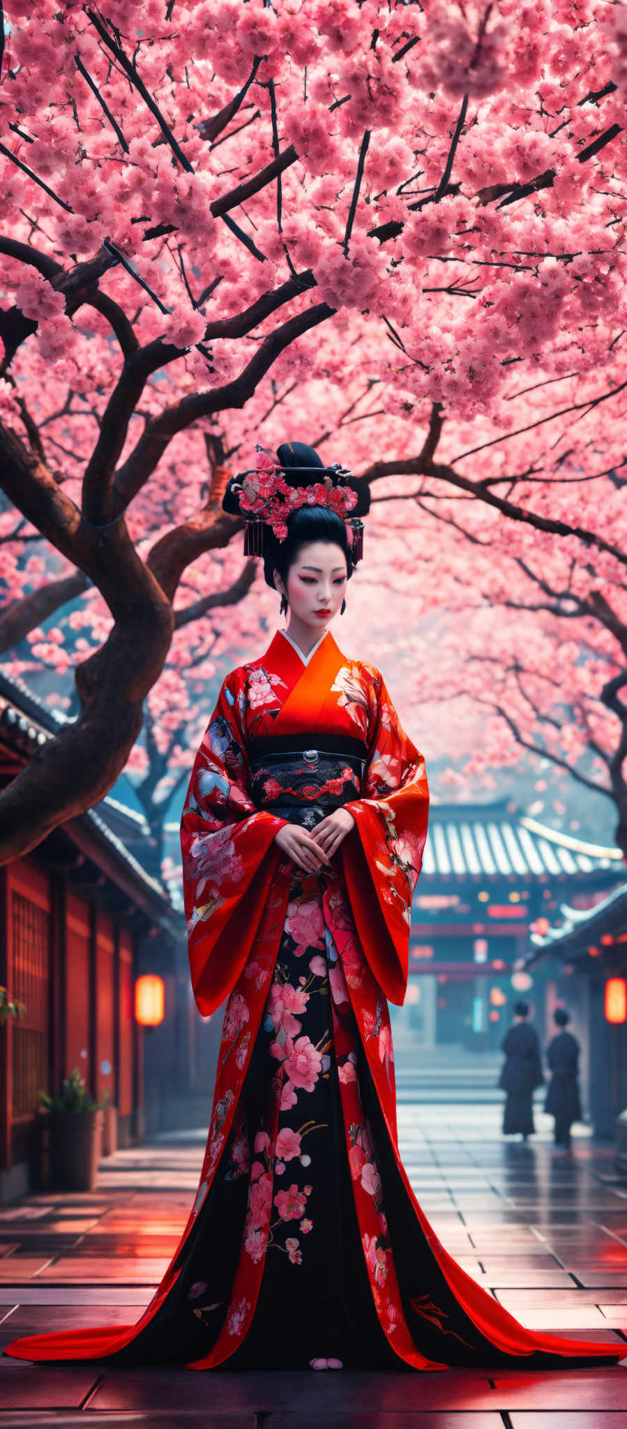 The image showcases a vibrant scene with a woman dressed in a traditional Japanese kimono. The kimoto is predominantly red with intricate floral patterns in various shades of pink, white, and black. The woman's hair is adorned with a black hairpiece, and she wears a black obi (belt) around her waist. The background is filled with cherry blossom trees in full bloom, displaying a mesmerizing pink hue. The scene is set in a serene traditional Japanese setting with wooden structures and lanterns, creating a peaceful ambiance.