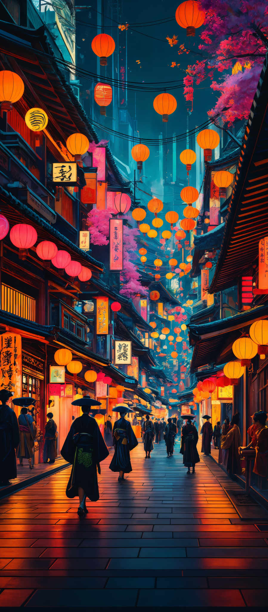 The image showcases a vibrant and colorful scene of a street bustling with activity. Dominating the scene are lanterns of various shapes and sizes, predominantly round with a warm, golden glow. They hang from wires and are complemented by pink cherry blossom trees. The street itself is paved with stone tiles, and there are traditional buildings lining both sides. The buildings have intricate designs and are adorned with more lantern signs, some of which have Chinese characters. People can be seen walking, conversing, and going about their daily activities. The overall ambiance is one of celebration, tradition, and community.