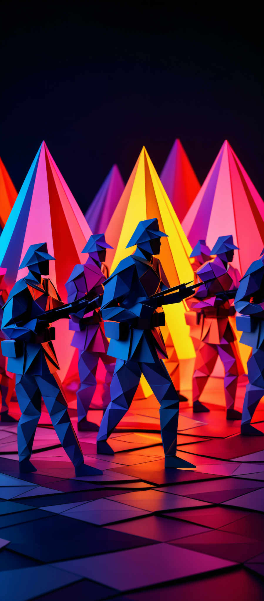 The image showcases a vibrant and colorful scene with geometric shapes. The dominant colors are shades of blue, pink, yellow, and red. The shapes resemble faceted, polygonal figures, possibly soldiers or warriors, positioned in a marching formation. They are equipped with what appears to be weapons. The background consists of triangular and pyramid-like structures illuminated in various hues, creating a dynamic and futuristic ambiance.