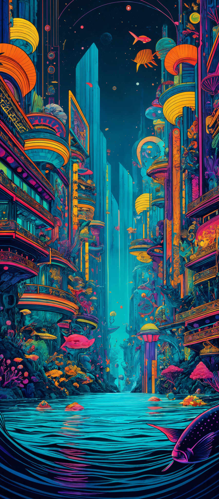 The image showcases a vibrant and colorful cityscape that appears to be set in a futuristic or fantastical world. The dominant colors are shades of blue, pink, and yellow, creating a neon-like ambiance. The city is built on multiple levels, with platforms and terraces, some of which are adorned with various structures and decorations. There are also water elements, such as a river or canal, flowing through the city. The sky is filled with floating islands, and there are various marine creatures, like fish and manta rays, swimming around. The overall design is reminiscent of a cyberpunk or fantasy setting.