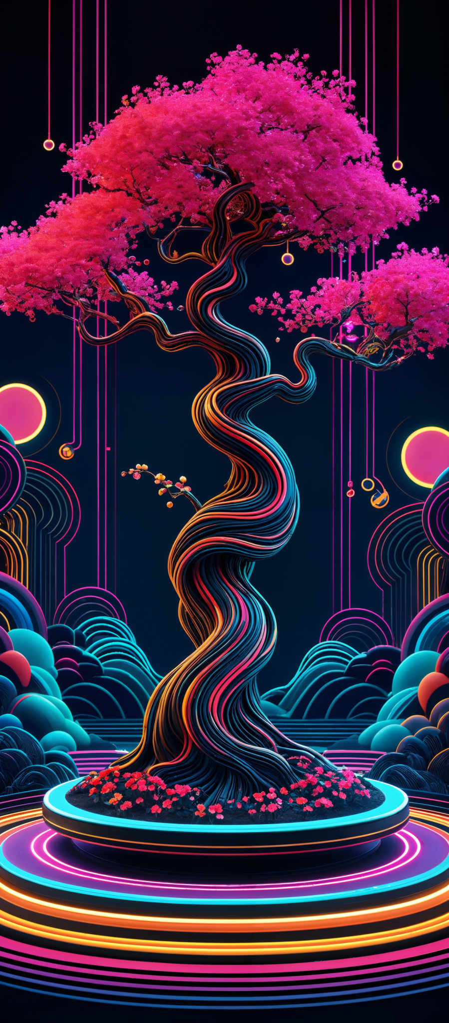 The image showcases a vibrant and intricate depiction of a tree with a spiraling trunk and branches. The tree's canopy is a vivid shade of pink, reminiscent of cherry blossoms. The trunk is twisted and coiled, with a multitude of colors, including shades of blue, yellow, and red, creating a mesmerizing pattern. The background is dark, with vertical lines of varying widths, and there are hanging orbs or spheres that emit a soft glow. The base of the tree is surrounded by a circular platform with concentric layers of colorful stripes.