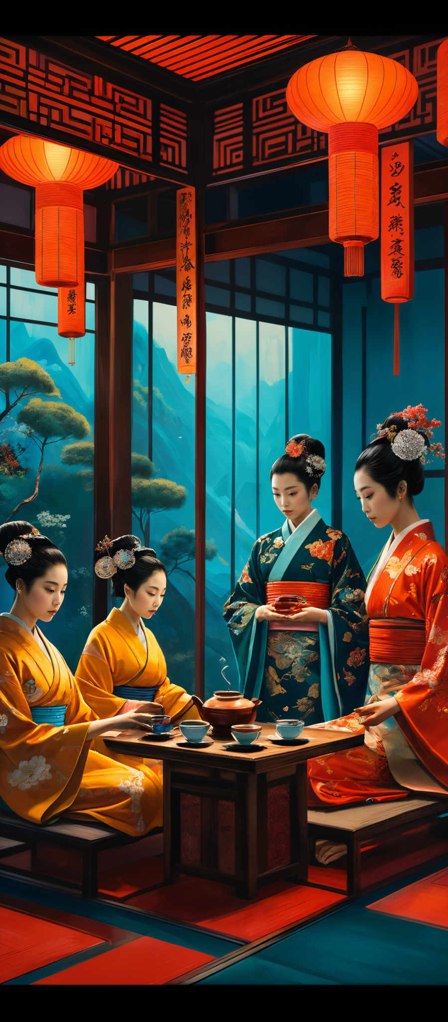 The image showcases a traditional Japanese setting with four women dressed in kimonos. The dominant colors are shades of blue, red, and gold. The women are seated around a low table, with a tea set in front of them. The room is adorned with hanging red lanterns, intricately designed banners with Japanese characters, and a large window that offers a view of a serene landscape with mountains and trees. The floor is tiled with red and blue tiles, and the overall ambiance is calm and ceremonial.