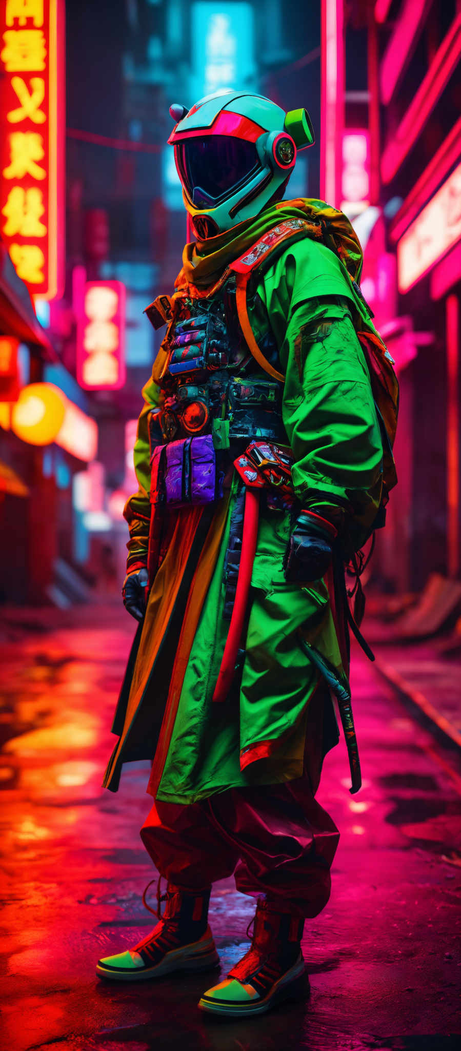 The image showcases a figure standing in a vibrant urban setting, possibly a city street at night. The figure is wearing a futuristic, multi-colored outfit with a dominant green hue. The outfit is adorned with various gadgets, tools, and accessories, including a helmet with a red visor. The background is bathed in neon lights, predominantly in shades of pink and red, with Chinese characters on banners and signs. The wet ground reflects the colors of the neon, adding to the overall ambiance of the scene.