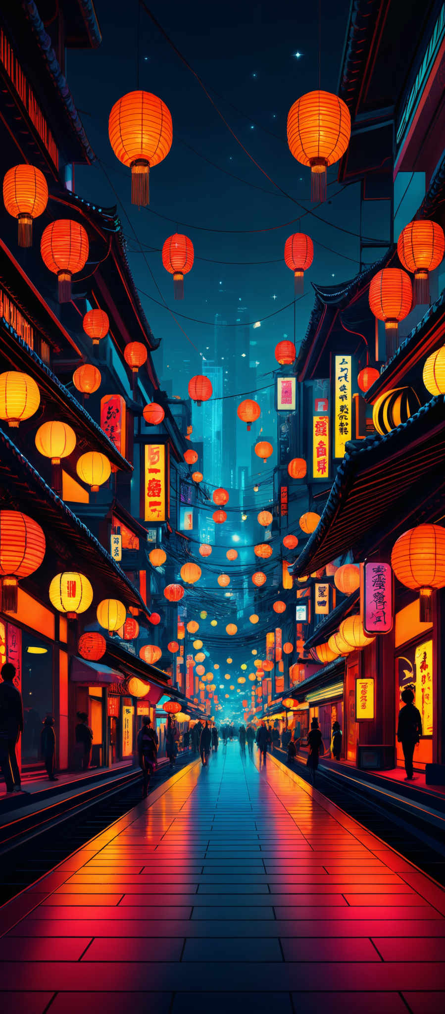 The image showcases a vibrant and colorful scene of a street bathed in the glow of numerous lanterns. The lantern's colors range from bright red to warm orange, with some having golden accents. The shape of the lantern is round with a slightly curved top. The street itself is adorned with these lantern-covered buildings, creating a canopy of light. The buildings have traditional Asian architectural features, with curved roofs and wooden structures. On the street, there are silhouettes of people walking, suggesting it's a bustling area. The sky is dark, hinting at nighttime, and there are a few stars visible, adding to the serene ambiance.