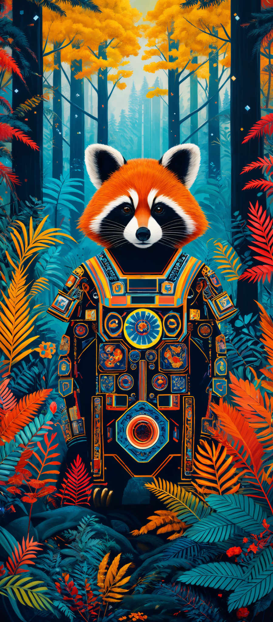 The image showcases a vibrant forest scene with tall trees and colorful foliage. Dominating the center is a red panda with a distinctive white face and black markings around its eyes. The panda is adorned with an intricate armor-like outfit, decorated with various symbols, gears, and ornate designs. The armor is predominantly blue and gold, with red accents. The forest is painted in shades of blue, representing the sky, and is filled with red, orange, and green foliages, suggesting an autumn setting.