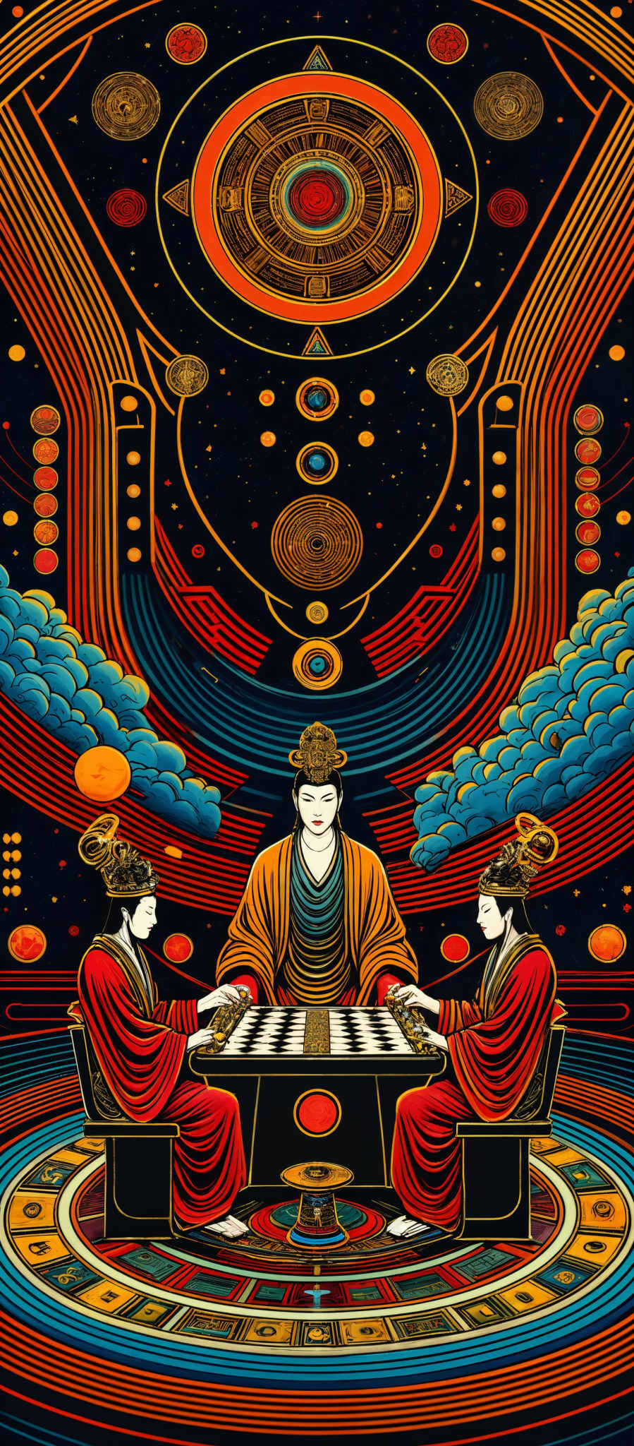 The image is rich in vibrant colors, predominantly featuring shades of red, blue, and gold. The central figure is depicted in a golden robe, seated in a meditative pose, surrounded by intricate patterns and symbols. Above the central figure, there's a large circular design with various geometric patterns and a central red circle. To the left and right of the central character, there are two figures dressed in red robes, possibly playing a game or engaged in a ritual. The background is adorned with swirling patterns, clouds, and more geometric designs, creating a sense of depth and mysticism.