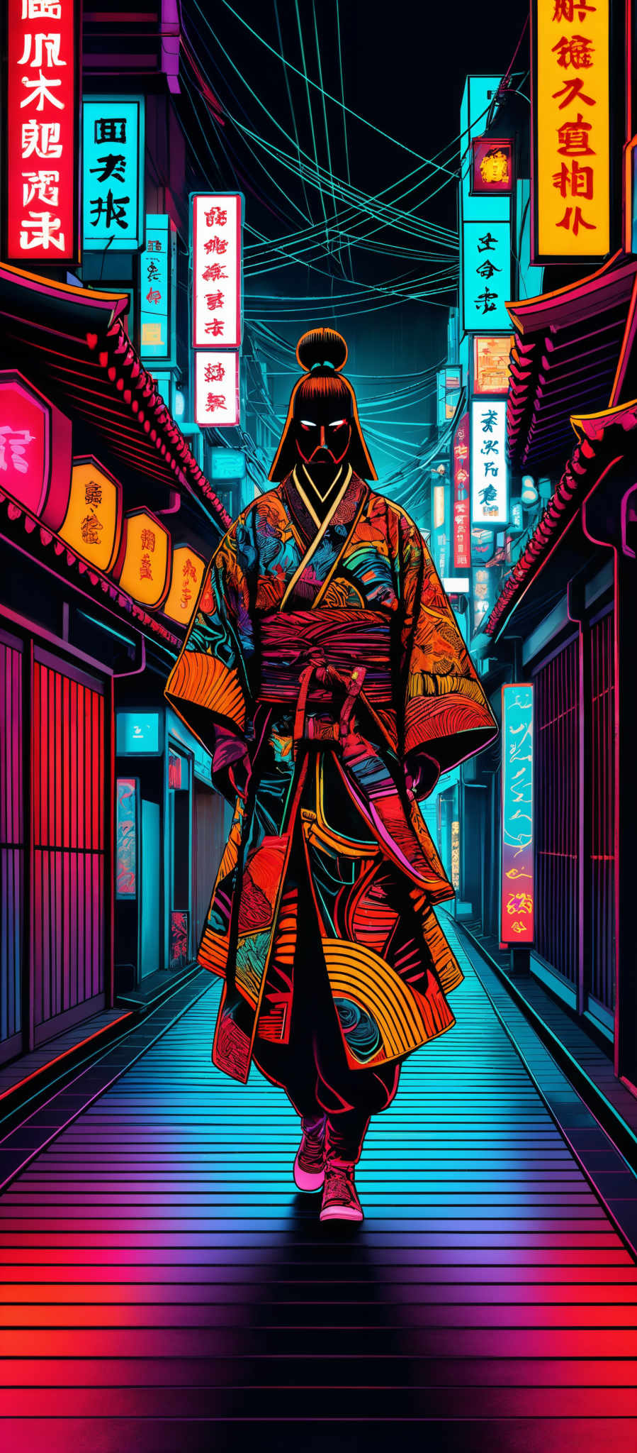 The image showcases a vibrant neon-lit street scene, presumably in Japan, given the presence of Japanese script on the signs. The dominant colors are shades of pink, blue, and purple, creating a cyberpunk ambiance. The central figure is a person dressed in a traditional kimono, adorned with intricate patterns and a unique hairstyle. The kimoto is colorful, featuring various designs like waves and clouds. The individual also wears modern shoes, contrasting the traditional attire. The background is filled with various signs, some of which are illuminated in different colors, and the entire scene is bathed in a neon glow, giving it a futuristic yet nostalgic feel.