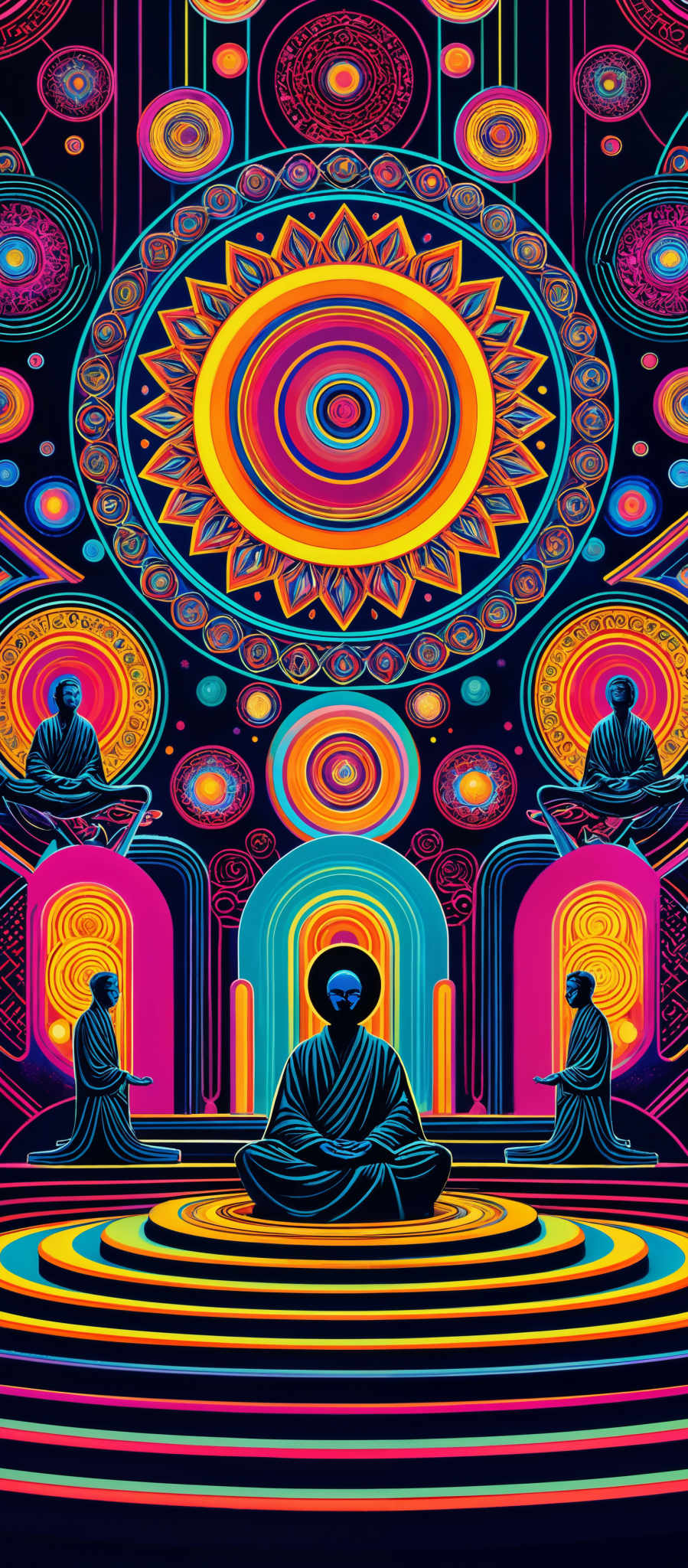 The image is vibrant and colorful, predominantly featuring hues of blue, pink, yellow, and orange. The central figure is a meditating person, surrounded by intricate patterns and designs. Above the meditator, there's a large, radiant sun-like figure with concentric circles. Surrounding the meditation space are various geometric and ornamental designs, including arches, circles, and swirls. The overall ambiance of the image is mystical and spiritual.