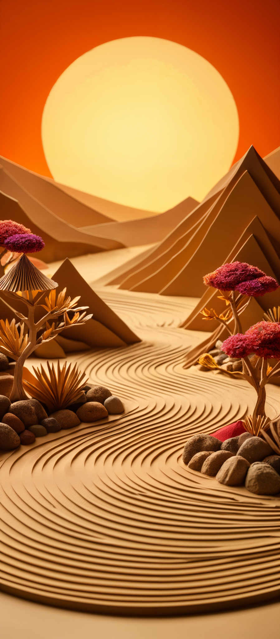 The image showcases a serene landscape with a large, glowing sun set against a vibrant orange sky. The foreground features undulating sand dunes with intricate patterns, resembling ripples in water. There are two trees with pinkish-purple blossoms, one with a traditional Japanese umbrella-like canopy and the other with a more natural canopy. The trees are surrounded by various stones of different sizes and shapes. The overall ambiance of the image is tranquil and harmonious, evoking feelings of peace and calmness.