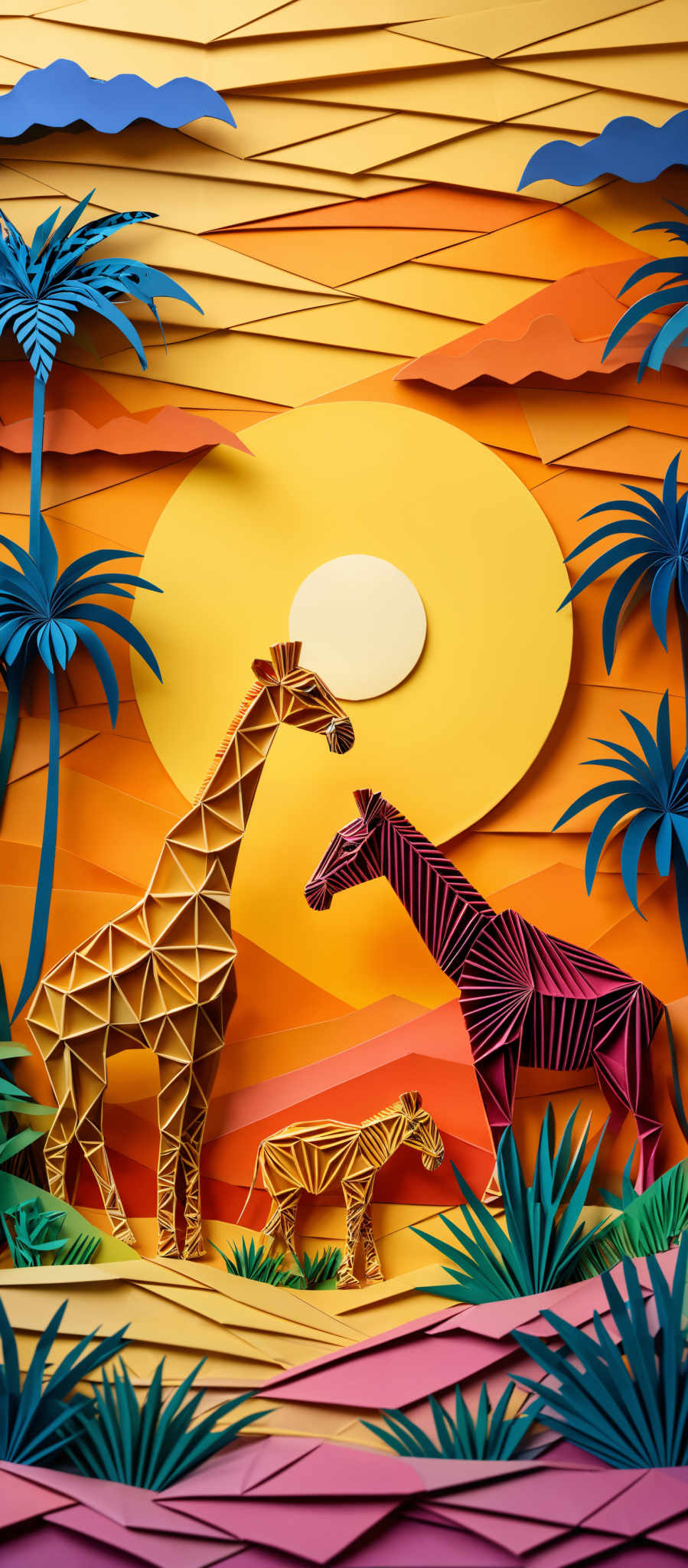 The image showcases a vibrant and colorful scene, predominantly in shades of orange, yellow, and blue. The background features layered horizontal stripes in varying shades, creating a sunset or sunrise effect. The central focus is on three animals: a giraffe, a zebra, and a smaller animal that appears to be a gazelle or antelope. These animals are depicted in a geometric, faceted style, reminiscent of low-poly graphics. The giraffes and zebras are in shaded brown and purple respectively, while the smaller animal is in a light beige color. The scene is further adorned with palm trees, some of which are blue, and other foliage in shadows of green and purples. The overall ambiance of the image is warm, with the sun casting