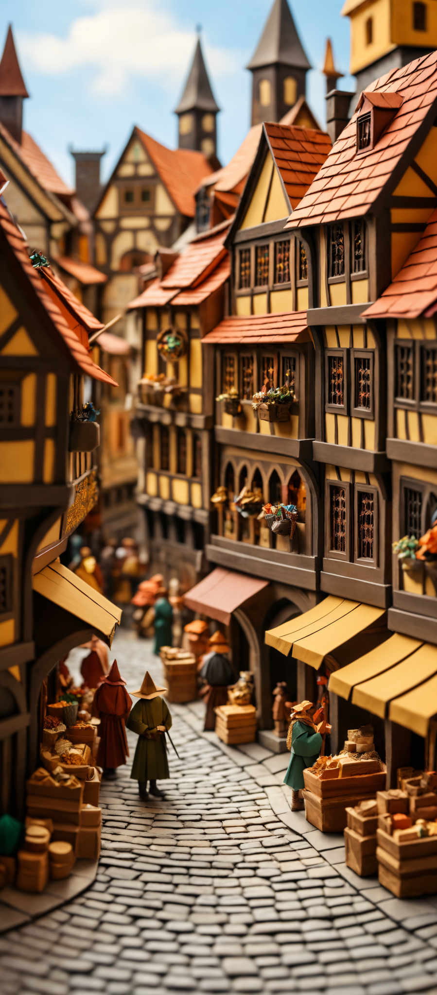 The image showcases a detailed miniature of a medieval town. The buildings are multi-storied with half-timbered exteriors, predominantly in shades of brown and yellow. The roofs are made of red tiles. The town has cobblestone streets, and there are various stalls and shops lining the pathway. People in period clothing are seen interacting with the stalls, suggesting a bustling market scene. The sky is clear with a hint of blue, indicating a sunny day.