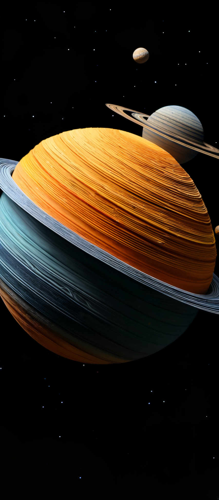 The image showcases a celestial scene with a large planet that has a banded appearance, transitioning from a deep orange to a light blue hue. The planet has multiple rings around it. There are also smaller celestIAL bodies, possibly moons, in the background. The backdrop is a deep black space dotted with stars.