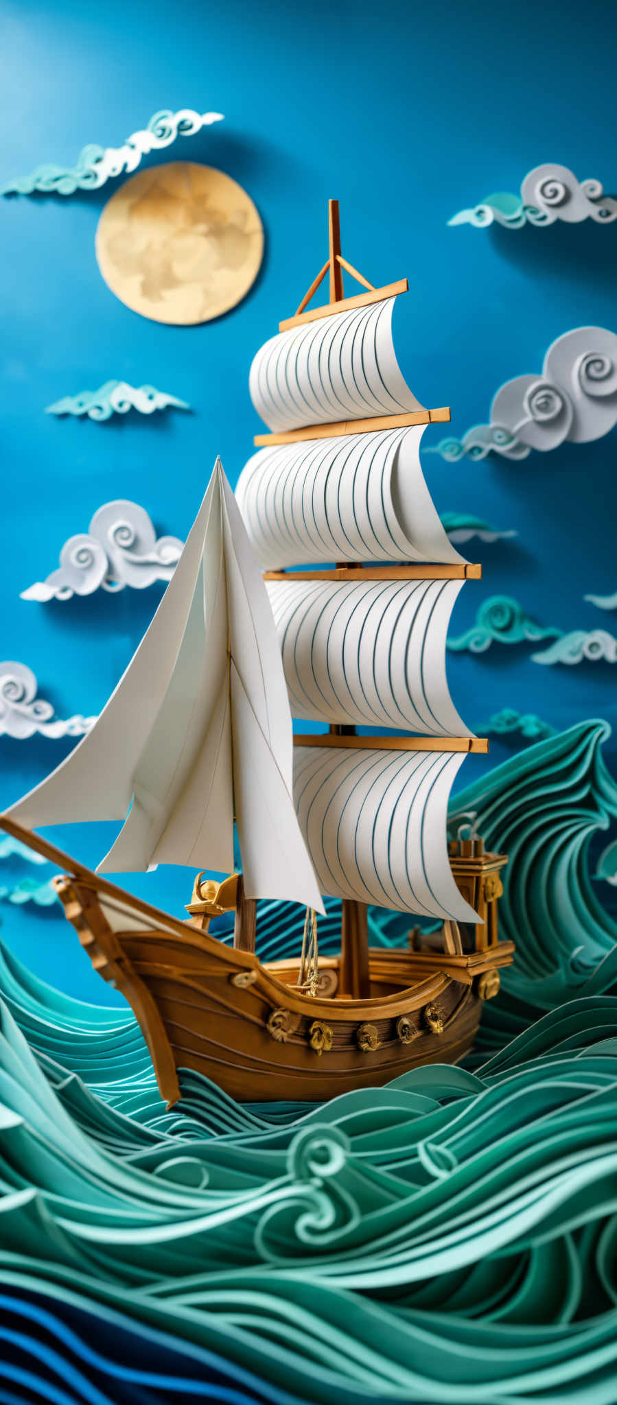 The image showcases a vibrant blue background with white clouds and a golden moon. In the foreground, there's a detailed crafted ship with white sails, wooden deck, and ornate decorations. The ship is surrounded by wavy patterns in varying shades of blue, giving an impression of the sea. The overall artwork seems to be a blend of realism and artistic interpretation, capturing the essence of a serene maritime scene.