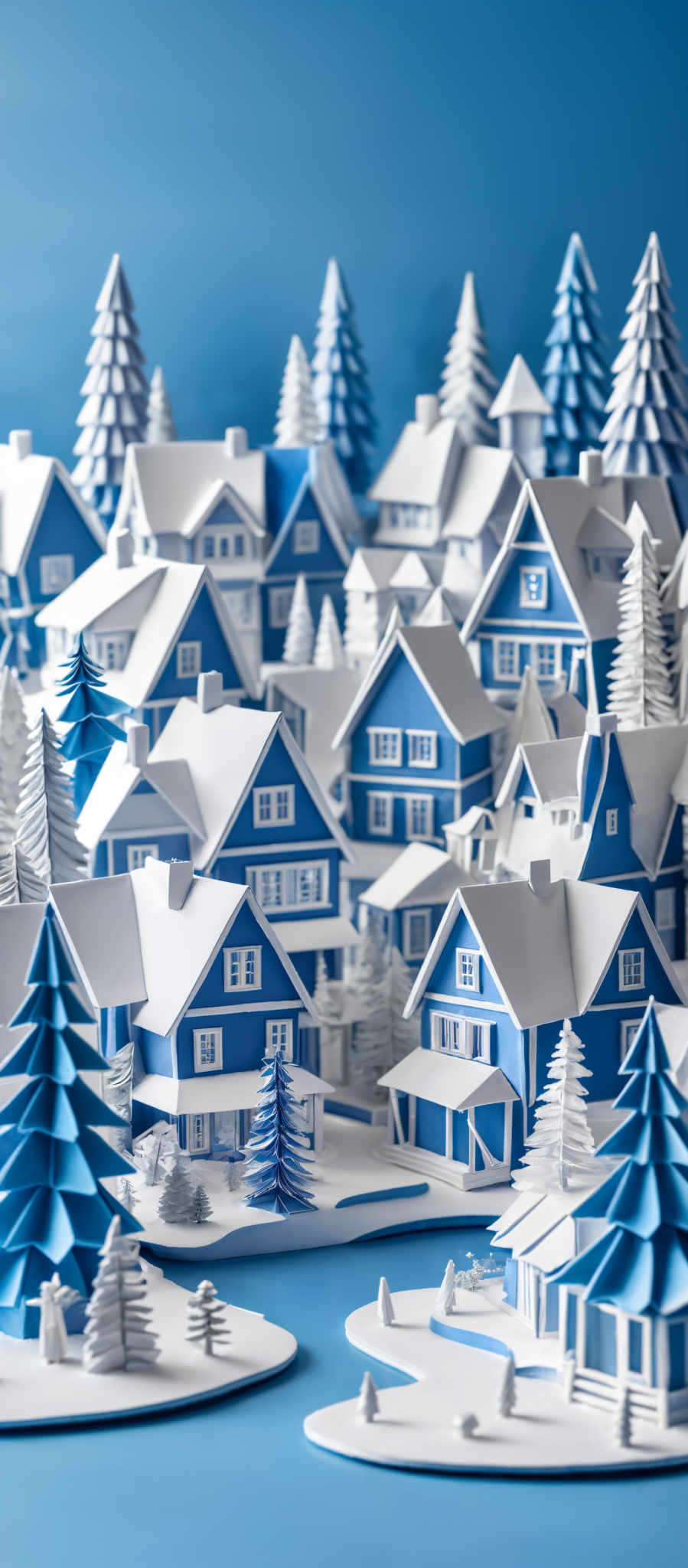 The image showcases a meticulously crafted miniature town or village. The predominant colors are shades of blue and white. The houses are designed with sloping roofs, and each one varies in architectural style. There are trees, both coniferous and deciduous, scattered throughout the scene. The background is a solid blue, which contrasts beautifully with the white and blue structures, making them pop. The overall ambiance is serene and wintery, reminiscent of a snowy landscape.