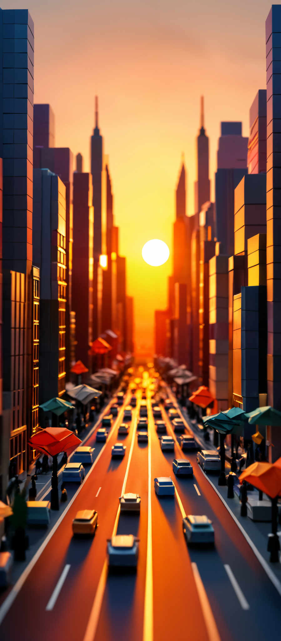 The image showcases a vibrant cityscape during sunset. The sky is painted in hues of orange and pink, with the sun setting in the center. The city is adorned with tall skyscrapers, each with unique architectural designs. The buildings are primarily in shades of blue, gray, and purple. The streets are bustling with cars, moving in both directions. There are also pedestrians walking on the sidewalks. The overall ambiance of the image is warm and inviting, with a sense of urban liveliness.