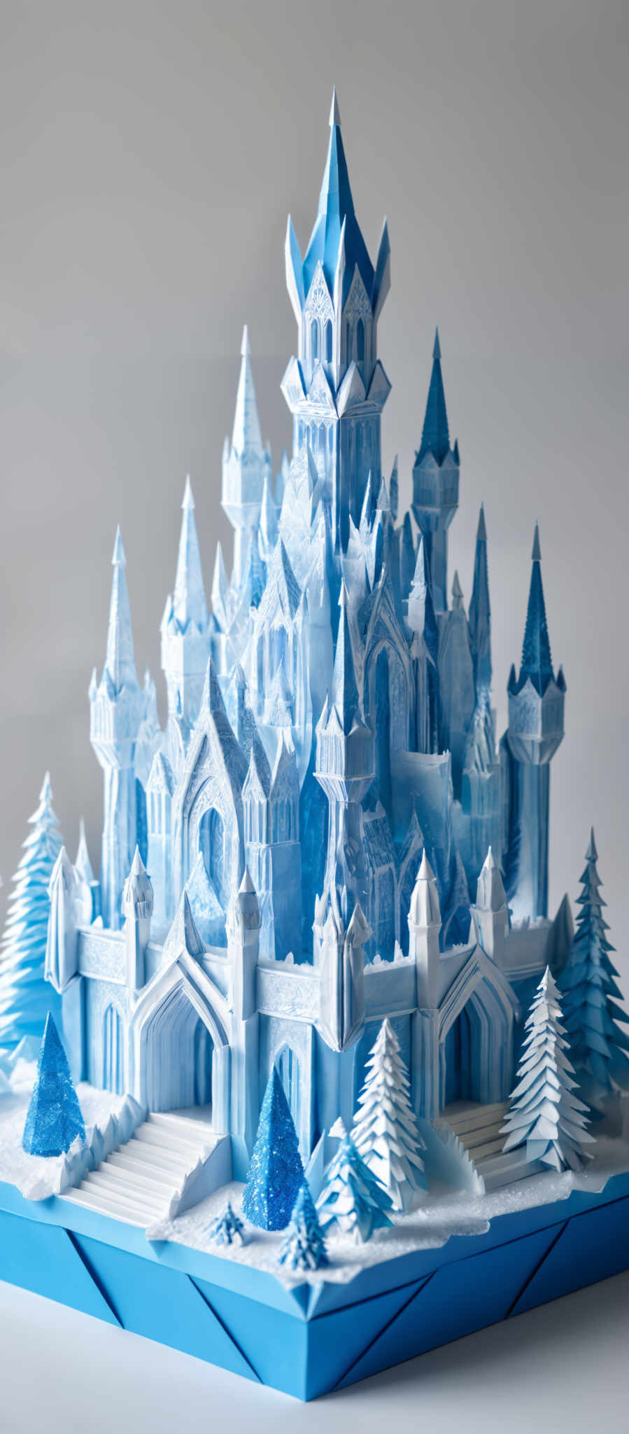 The image showcases a meticulously crafted paper model of a majestic castle. The castle is predominantly in shades of blue and white, with intricate details and sharp spires. The architecture of the castle is reminiscent of gothic and medieval styles, with ornate windows, arches, and turrets. The base of the model is a flat platform, and surrounding it are miniature trees, predominately in shade of blue, giving the impression of a wintry landscape.