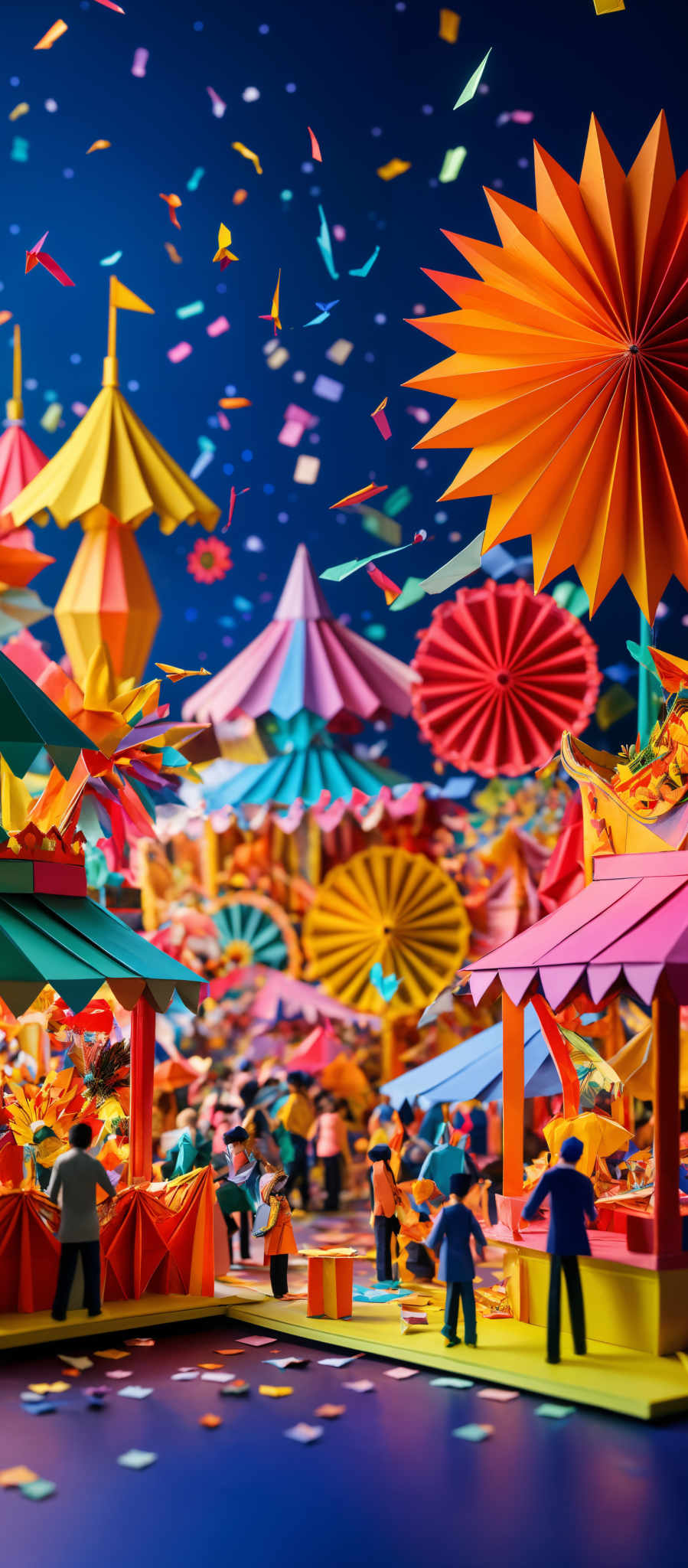 The image showcases a vibrant and colorful scene, predominantly in shades of blue, orange, pink, and yellow. The main elements include large paper-like structures resembling flowers or lanterns, with intricate designs and patterns. These structures are set against a deep blue background, giving a sense of depth. There are also miniature figures, possibly people, scattered around the scene, engaging in various activities. The ground is adorned with colorful confetti, and there are stalls or booths with vibrantly colored canopies. The entire scene exudes a festive and celebratory mood.