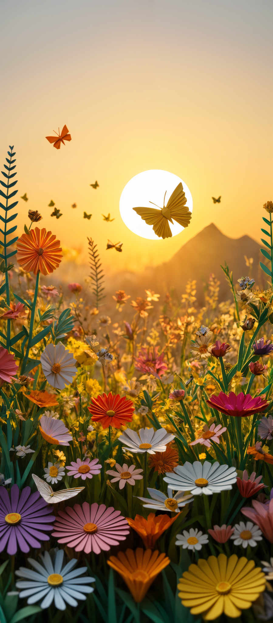 The image showcases a vibrant and colorful landscape during sunset. The sky is painted with hues of orange and yellow, with the sun setting in the background. The landscape is adorned with a variety of flowers in different shapes and colors, such as daisies, roses, and lilies. There are also butterflies fluttering around, adding to the serene ambiance. The overall mood of the image is peaceful and dreamy.