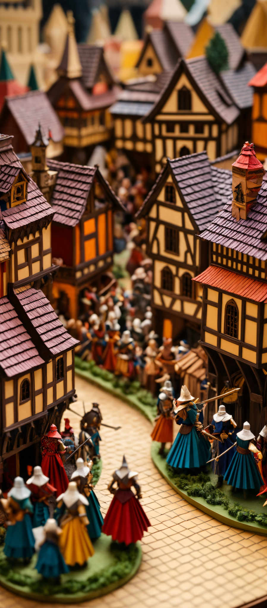 The image showcases a miniature model of a medieval town. The buildings are intricately designed with half-timbered structures, steep roofs, and detailed windows. The colors of the buildings range from brown, beige, and red to orange and yellow. The town is bustling with miniature figures dressed in medieval attire, some holding objects like swords and shields, while others appear to be engaged in daily activities. The figures are colorful, with dresses in shades of blue, red, and yellow, and hats in various styles. The entire scene is set on a cobblestone pathway, surrounded by green patches that might represent grass or gardens.