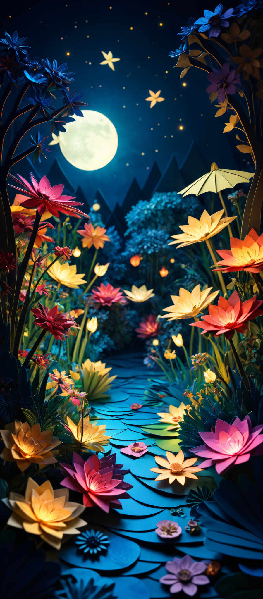 The image showcases a vibrant and whimsical nighttime scene. The dominant colors are deep blues, purples, and warm yellows. The scene is adorned with large, colorful flowers that resemble lotus blossoms. These flowers come in shades of pink, yellow, and red. The background features a serene night sky with a bright full moon, surrounded by floating butterflies. The ground is made up of a winding pathway surrounded by more flowers, with a few illuminated lanterns scattered along the way. The entire setting gives off a magical and dreamy ambiance.