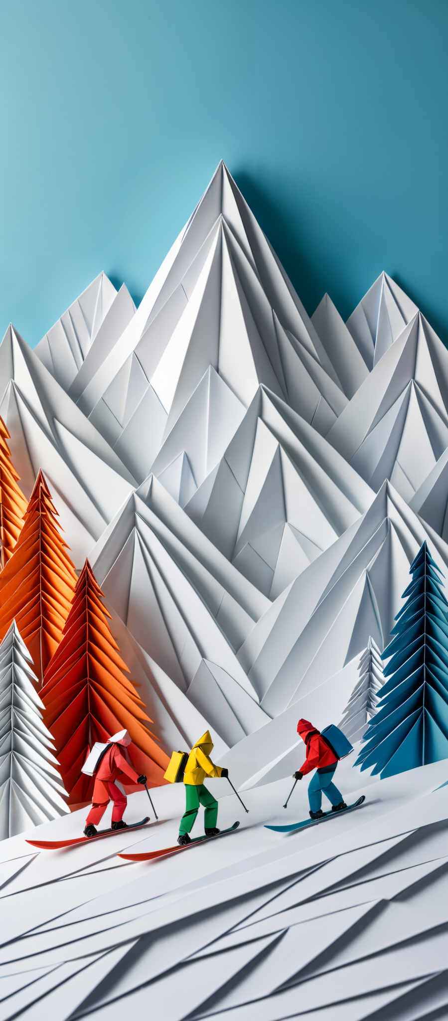 The image showcases a scenic mountainous landscape, predominantly in shades of white and blue. The mountains are crafted in geometric patterns, giving them a sharp and angular appearance. The trees, on the other hand, are designed in a fan-like shape, with colors ranging from orange to blue. In the foreground, there are three figures dressed in vibrant skiing attire, skiing down the snowy slopes.