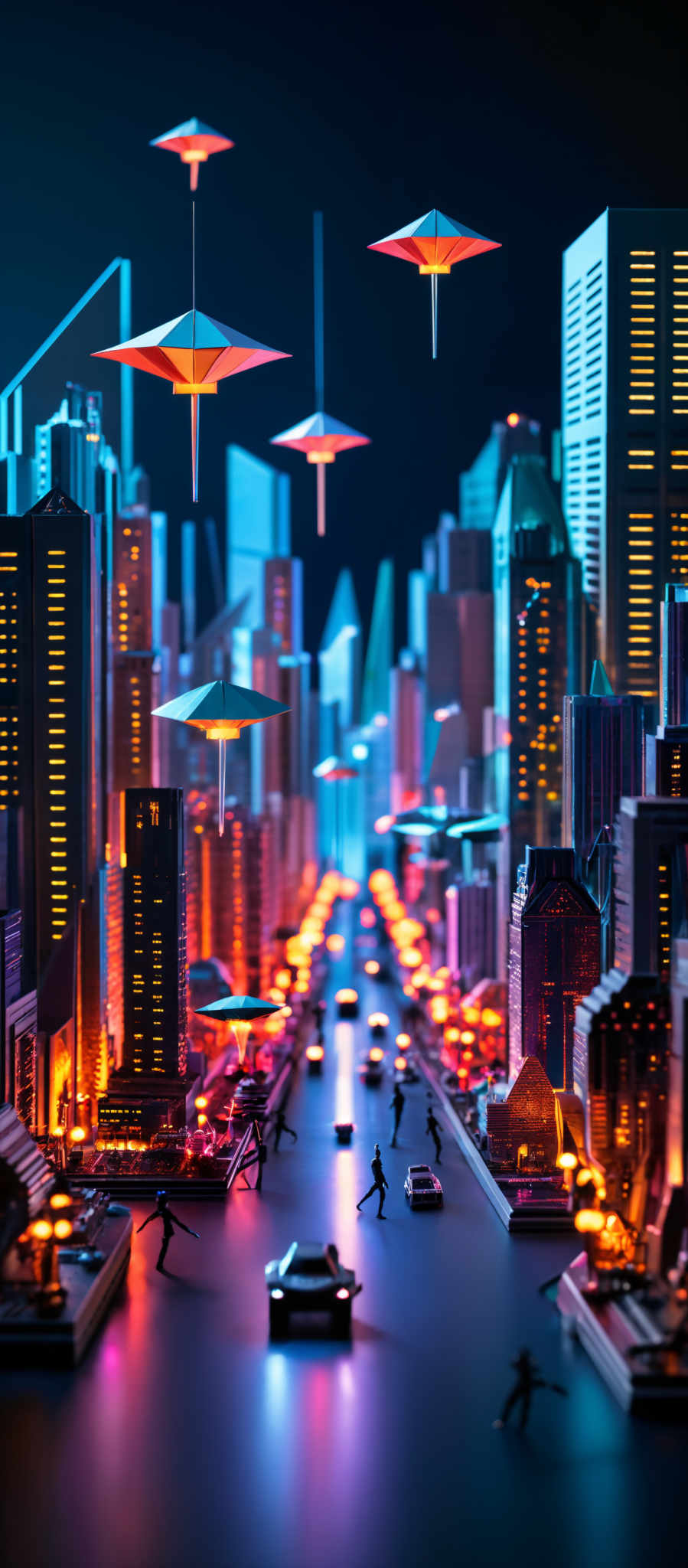 The image showcases a futuristic cityscape at night. The dominant colors are deep blues, neon pinks, and warm oranges. The city is adorned with tall skyscrapers, some of which have unique geometric designs. The skyline is illuminated with bright lights, and there are flying objects that resemble umbrellas or lanterns hovering above the city. The streets below are bustling with activity, with tiny figures that appear to be people moving about. There are also vehicles, including cars, moving on the roads. The overall ambiance of the image is vibrant, dynamic, and tech-forward.