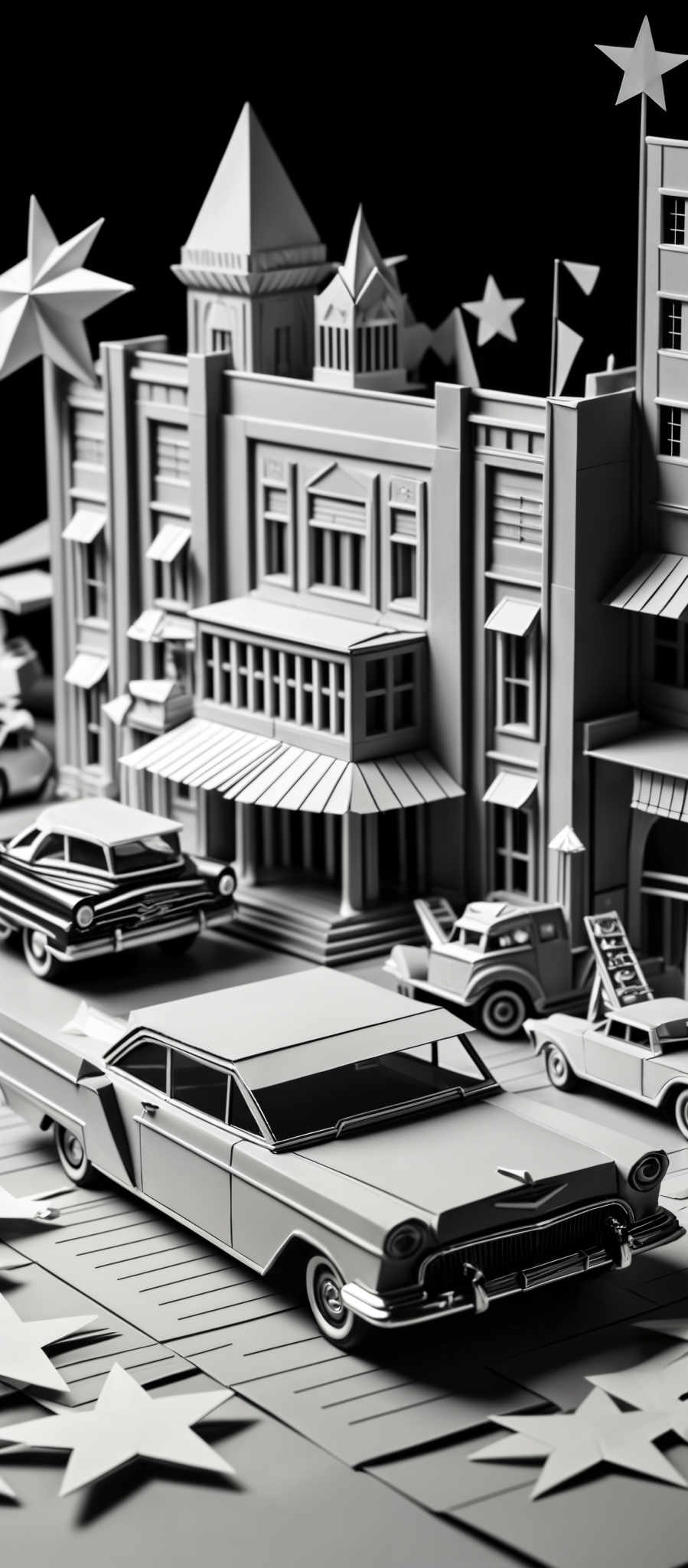 The image is in black and white, showcasing a detailed and intricate papercraft representation of a cityscape. The buildings are designed with sharp angles and geometric shapes, with a mix of rectangular and conical structures. The cars depicted are vintage in style, with sleek designs and chrome detailing. The streets are adorned with white stars, adding a touch of whimsy to the scene. The entire composition gives off a nostalgic, mid-century vibe.