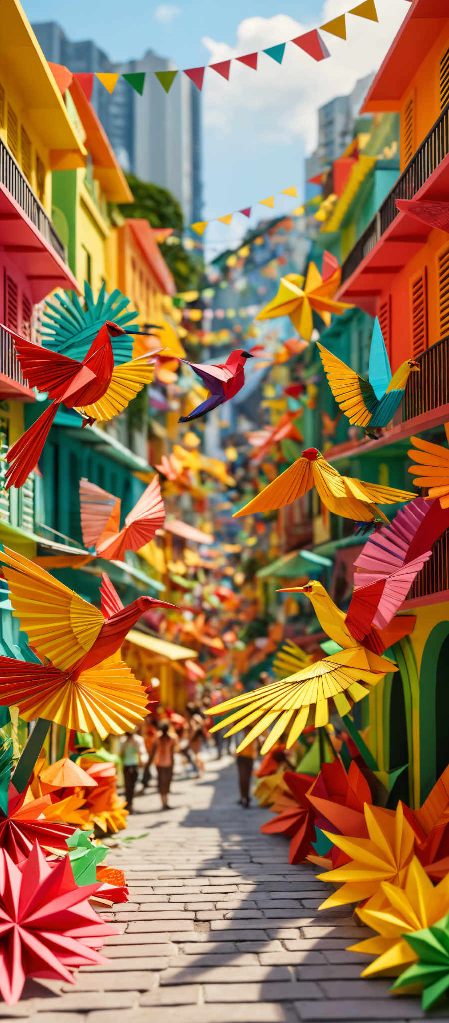 The image showcases a vibrant and colorful urban setting. The buildings are adorned with a myriad of bright colors, including red, yellow, green, and blue. The facades of the buildings have unique designs, resembling paper cut-outs or origami, with birds, flowers, and other decorative elements. The streets are lined with colorful flags and banners, adding to the festive atmosphere. In the foreground, there are large, colorful paper flowers, which seem to be made of origami or a similar craft. The entire scene gives off a joyful and celebratory vibe, reminiscent of a festival or carnival.