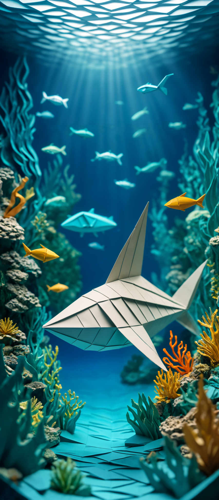 The image showcases an underwater scene with a variety of origami-style fish and marine life. The dominant colors are shades of blue, representing the water, and vibrant hues of yellow and orange for the marine life, such as the fish and corals. The origami fish have geometric shapes, with some having sharp edges and others having smooth curves. The corals are depicted in intricate patterns, with a mix of branching and bulbous structures. The background features a gradient of light blue, transitioning from a lighter hue at the top to a deeper shade at the bottom, suggesting depth in the ocean.