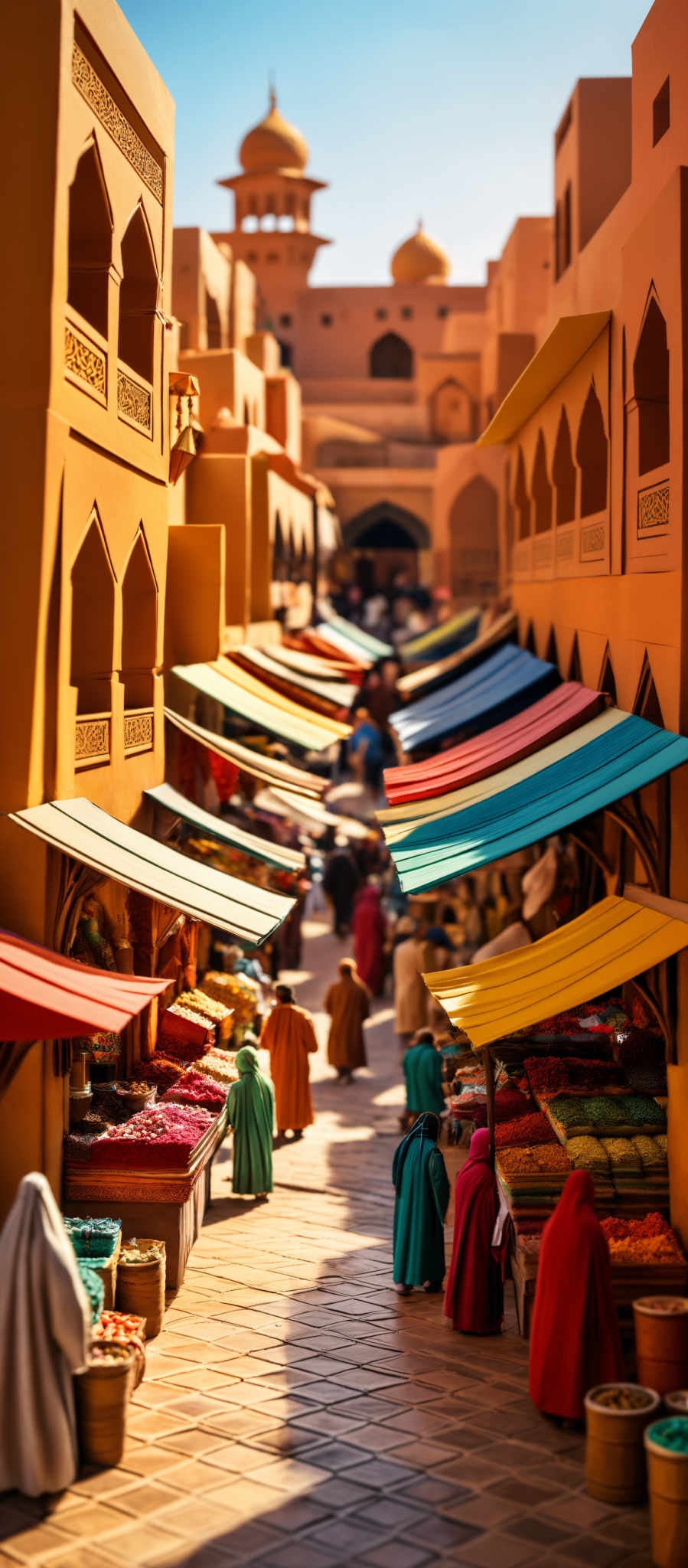 The image showcases a vibrant marketplace set in a sunlit environment. The buildings are adorned with intricate designs and have a warm, earthy brown color. The market stalls are colorful, with a variety of hues like red, blue, yellow, and green. The stalls appear to be selling various goods, possibly spices or textiles, as there are baskets and containers filled with colorful items. People in the market are dressed in traditional attire, with some wearing long robes in shades of blue, red, and orange. The architecture of the buildings is reminiscent of traditional Middle Eastern or North African designs, with domes and arches.