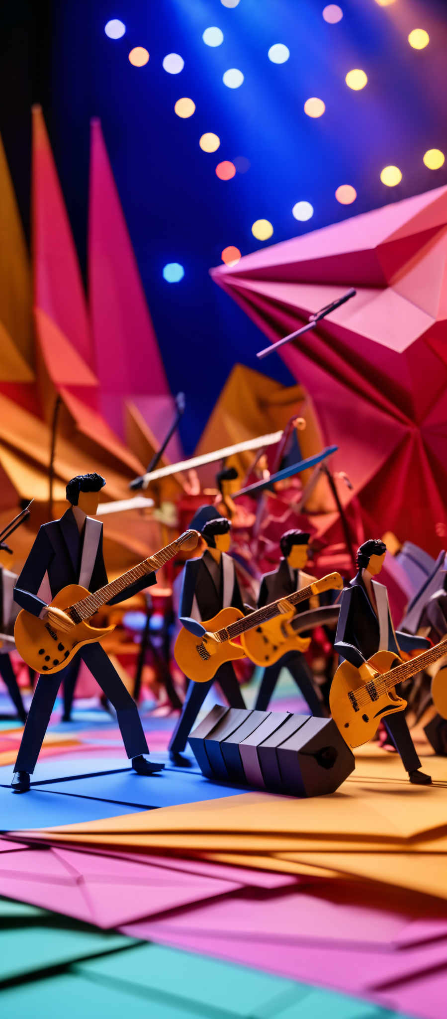 The image showcases a vibrant and colorful scene, predominantly featuring geometric shapes. There are figures, possibly representing musicians, playing string instruments like guitars. The background is filled with abstract geometric patterns in hues of pink, orange, and blue, with small circular lights scattered throughout. The figures are made of a material that gives them a glossy appearance, and they are positioned on a multi-colored platform.