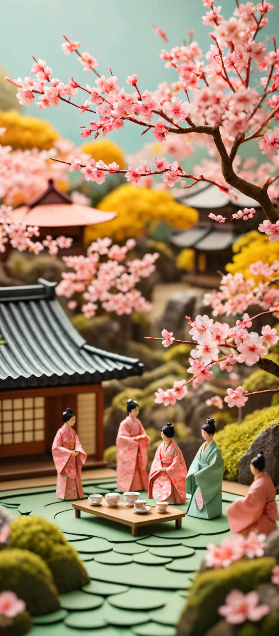 The image showcases a serene scene with traditional Japanese architecture. Dominating the foreground are miniature figures dressed in traditional kimonos, seated around a low table. The table holds various items, possibly for a tea ceremony. The background is adorned with cherry blossom trees in full bloom, their pink petals contrasting beautifully with the green mossy ground. There are also traditional Japanese buildings with tiled roofs, and the entire scene is set against a soft blue-green backdrop, possibly representing a misty day.