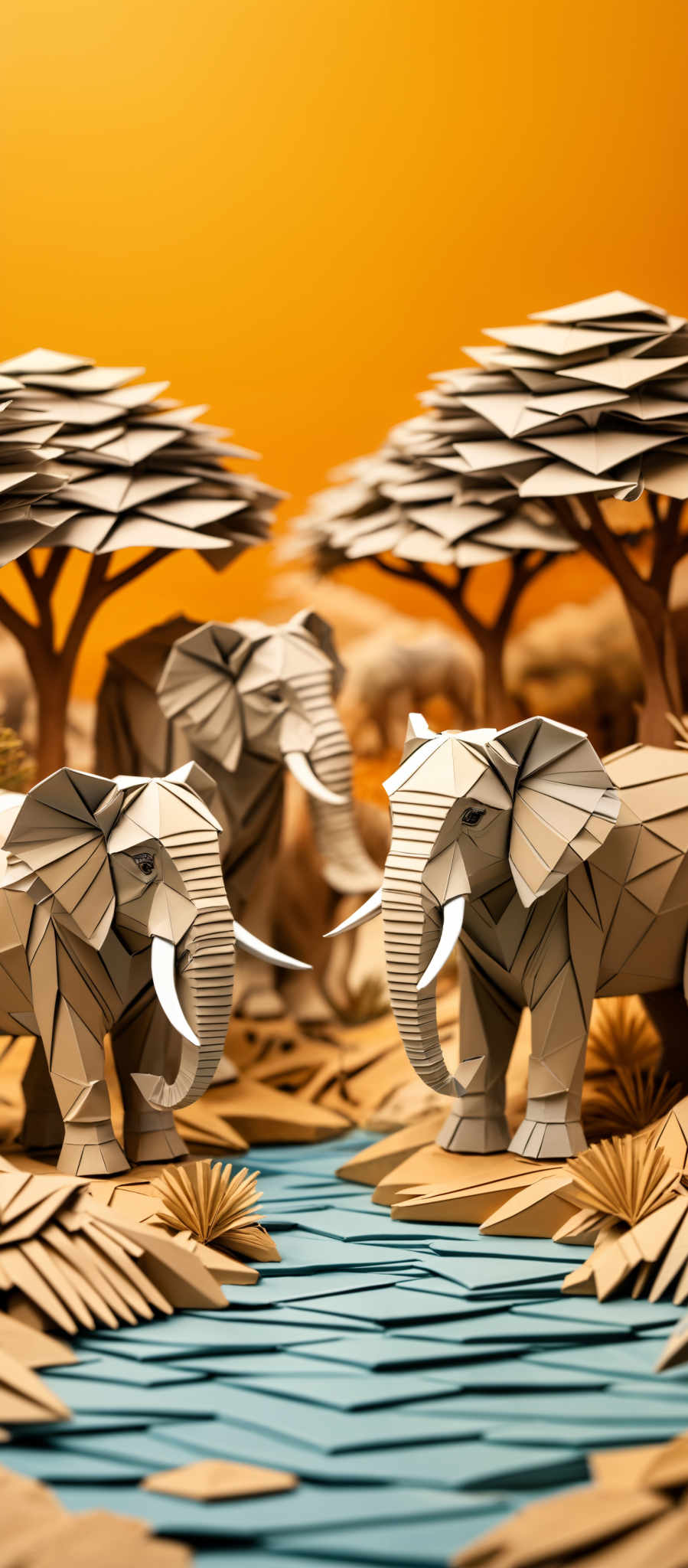 The image showcases a vibrant and detailed artistic representation of elephants in a savannah setting. The elephant figures are crafted with geometric precision, exhibiting a faceted design reminiscent of origami. They are rendered in shades of beige and brown, with intricate details such as tusks, trunks, and ears. The background consists of trees with layered, overlapping branches, and a water body with ripples. The entire scene is set against a warm, gradient orange background, evoking a sense of sunset or a desert landscape.