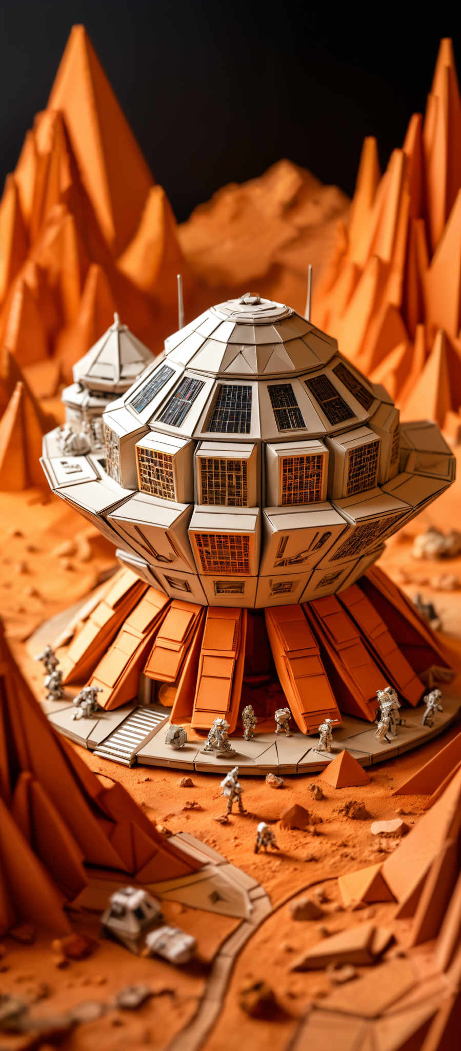 The image showcases a futuristic or alien landscape with towering orange-red rock formations. Dominating the scene is a large, circular structure with a dome-like top, featuring solar panels and windows. The base of this structure is supported by multiple orange platforms. Surrounding the structure are miniature figures, possibly astronauts or explorers, and a few vehicles. The overall color palette is dominated by shades of orange, red, and gray, giving the scene a warm and otherworldly ambiance.