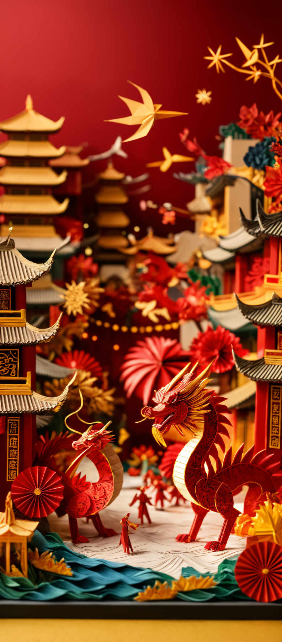 The image showcases a vibrant and intricate scene, predominantly in shades of red, gold, and green. The central focus is on two large, ornate dragons with intricate patterns and designs. They are surrounded by smaller figures, possibly humans, in traditional attire. The backdrop consists of traditional Chinese buildings with multi-tiered roofs, decorated with golden accents. There are also various plants and flowers, including red and yellow blossoms, adding to the richness of the scene. The entire setting appears to be crafted from paper or some other material, giving it a three-dimensional feel.