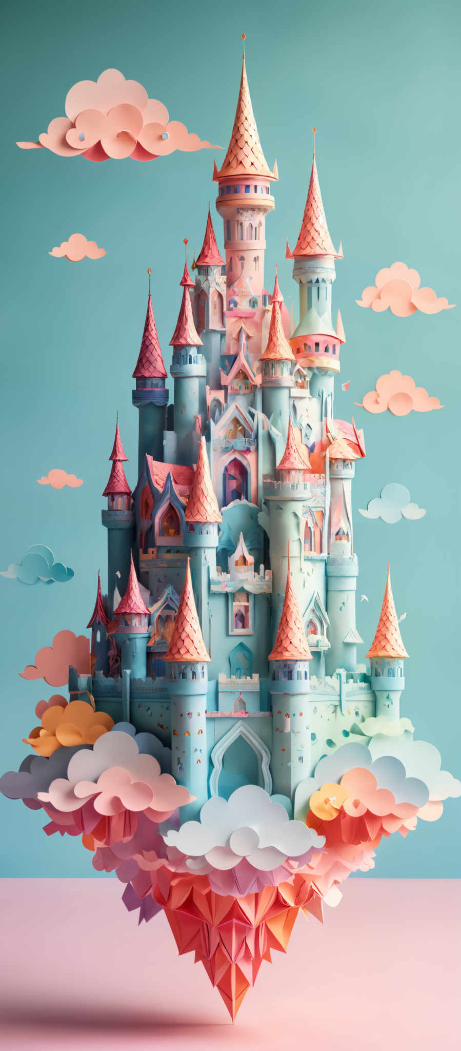 The image showcases a whimsical and intricate castle floating amidst a sea of clouds. The castle is predominantly in shades of light blue and pink, with golden accents on the towers. The turrets and spires are adorned with various patterns and designs, giving the castle a regal and magical appearance. The clouds surrounding the castle are of varying sizes and shapes, with some having a fluffy appearance and others taking on a more geometric form. The base of the castle is surrounded by a series of layered, geometric shapes, possibly representing mountains or cliffs, in shaded pink and white.