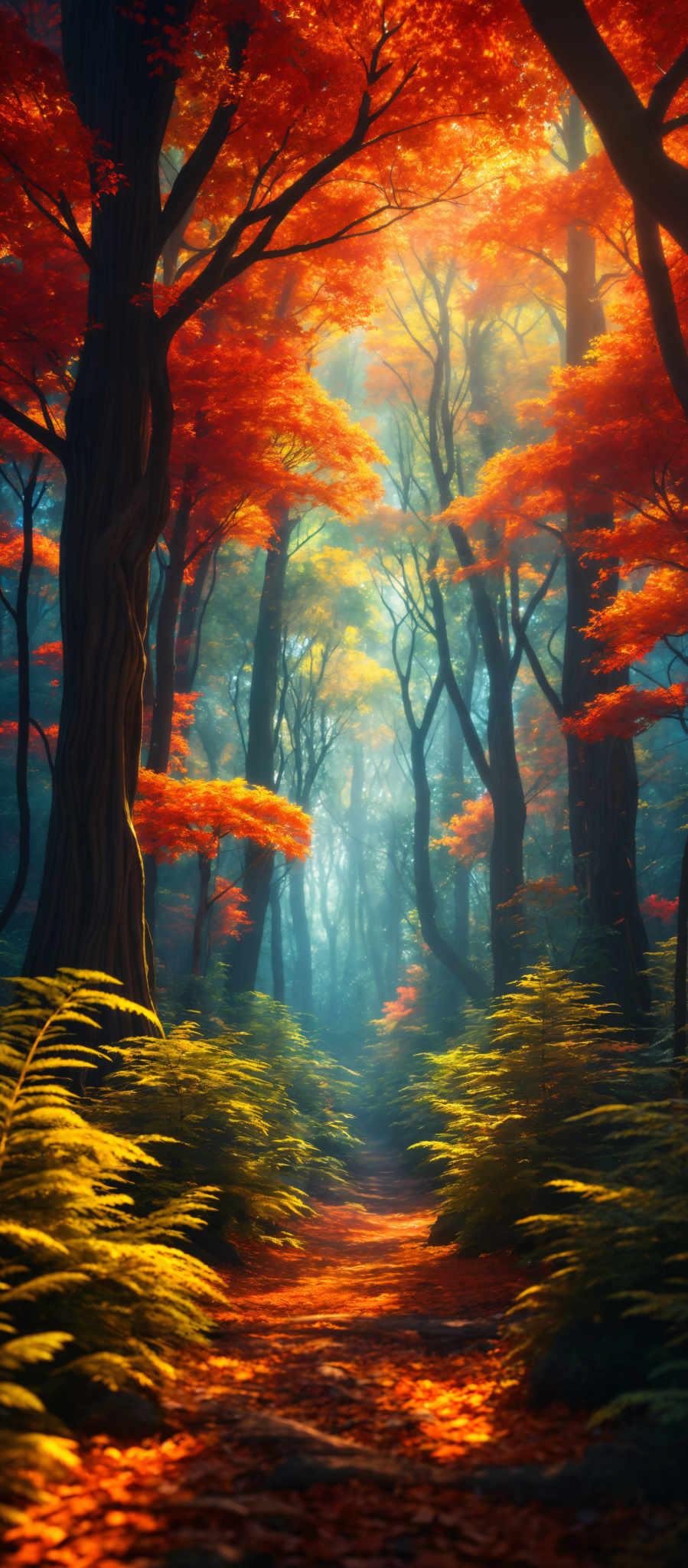 The image showcases a breathtaking forest during autumn. The dominant colors are vibrant shades of red, orange, and yellow, representing the autumn foliage. The trees have twisted and gnarled trunks, and their branches extend outwards, creating a canopy overhead. The forest floor is covered with fallen leaves, which are a mix of red and orange, creating an almost carpet-like appearance. The sunlight filters through the trees, casting a soft glow and creating a play of light and shadow. The overall ambiance is serene and mystical.