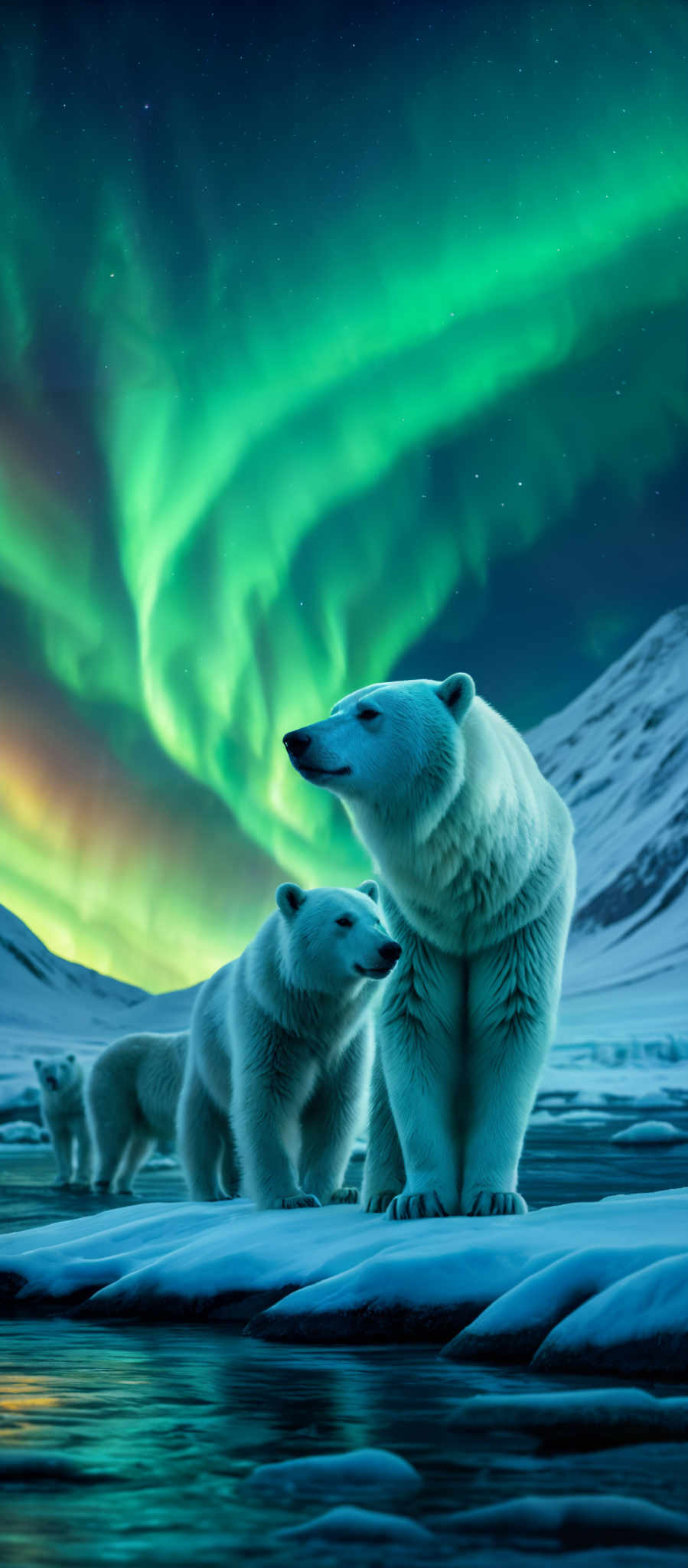 The image showcases a breathtaking view of the Northern Lights, also known as the Aurora Borealis, illuminating the night sky with vibrant shades of green. The Aurora's swirling patterns create a mesmerizing effect against the dark backdrop of the night. Below, a snowy landscape stretches out, with a group of polar bears in the foreground. The bears appear to be in a contemplative stance, gazing into the distance. The icy waters reflect the Auroras and the bears, adding depth to the scene. The mountains in the background further enhance the natural beauty of the setting.