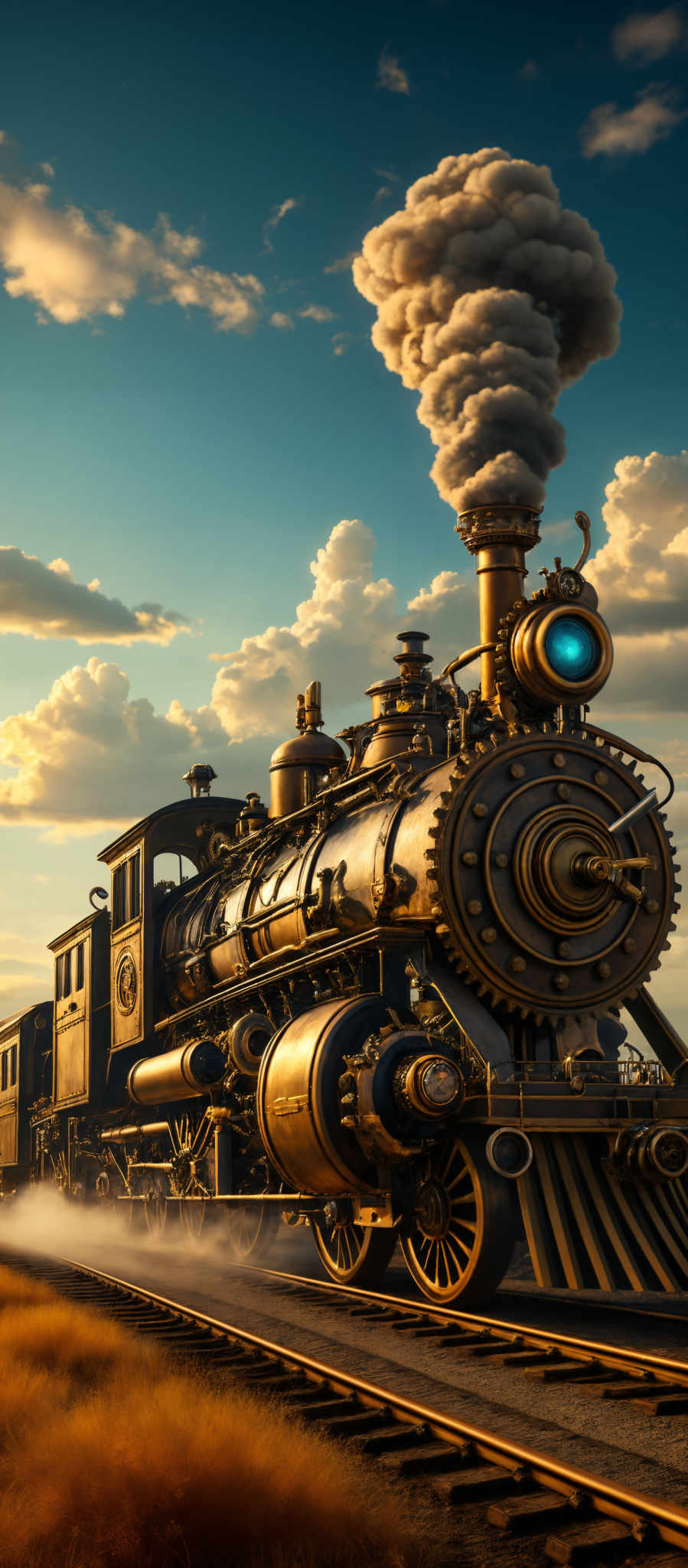 The image showcases a steam locomotive with intricate details. The locomotive is predominantly gold and bronze with various mechanical components. It has a cylindrical shape with a large smokestack releasing thick white smoke. The front of the locomotive features a blue light, possibly an indicator or a headlight. The wheels are large and cylindric, and the train is moving on tracks. The background displays a beautiful sunset with golden hues, casting a warm glow on the scene.