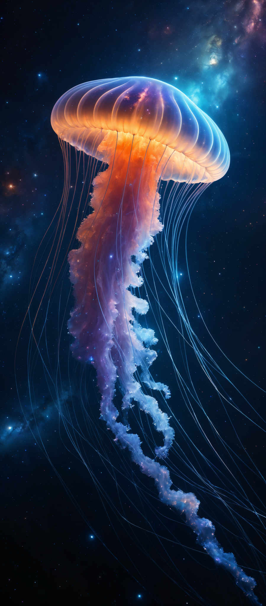 The image showcases a vibrant and mesmerizing depiction of a jellyfish floating against a cosmic backdrop. The jelly fish has an umbrella-shaped, translucent body with a radiant glow, primarily in hues of orange and blue. Its tentacles are long and delicate, trailing behind in a graceful manner. The background is a deep, dark space filled with stars, nebulae, and other celestial phenomena, adding to the ethereal and otherworldly ambiance of the image, making the jelly flower appear as if it's floating amidst the stars.