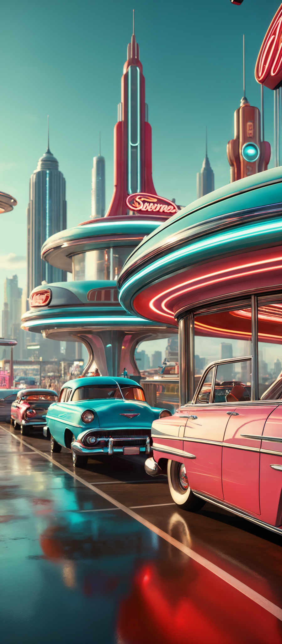 The image showcases a vibrant and futuristic cityscape. Dominating the scene are tall, sleek skyscrapers with neon signs, including one that reads 'Shockers'. The buildings have a modern, aerodynamic design, and the sky is clear with a hint of blue. In the foreground, there's a vintage car, painted in a striking shade of pink, parked next to a floating, circular structure with neons. The entire setting exudes a retro-futuristic vibe, blending elements of the past with imagined advancements of the future.