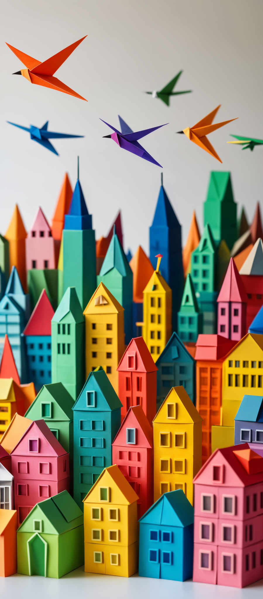 The image showcases a vibrant and colorful town made up of various houses and buildings. The houses are in different shapes, including rectangles, squares, and triangles, and are painted in a myriad of colors such as green, blue, yellow, red, and pink. Above the town, there are several origami birds in flight, each in a unique color. The birds add a dynamic element to the otherwise static town scene.